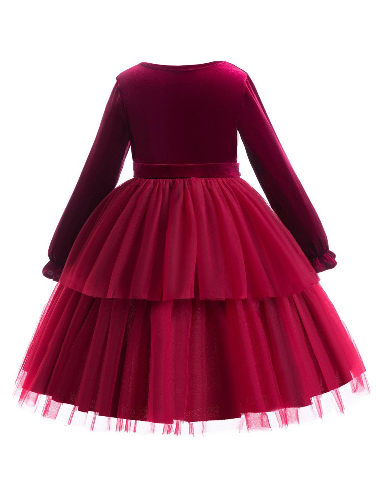 Toddler Girls Long Sleeve Mesh Ruffled Princess Dress with Bowknot Belt