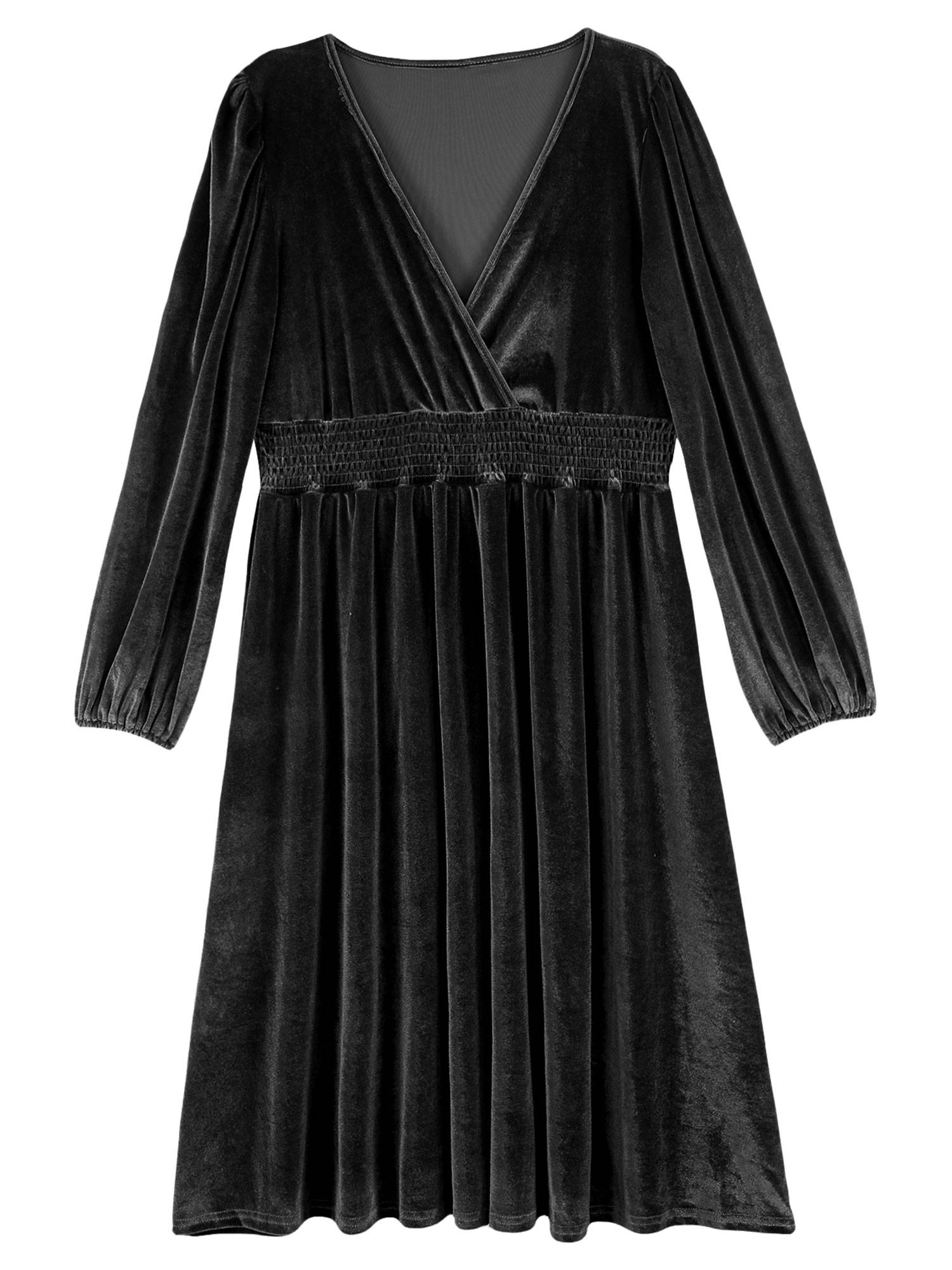 Women Long Sleeve V-neck Solid Color Velvet A-line Cocktail Dress