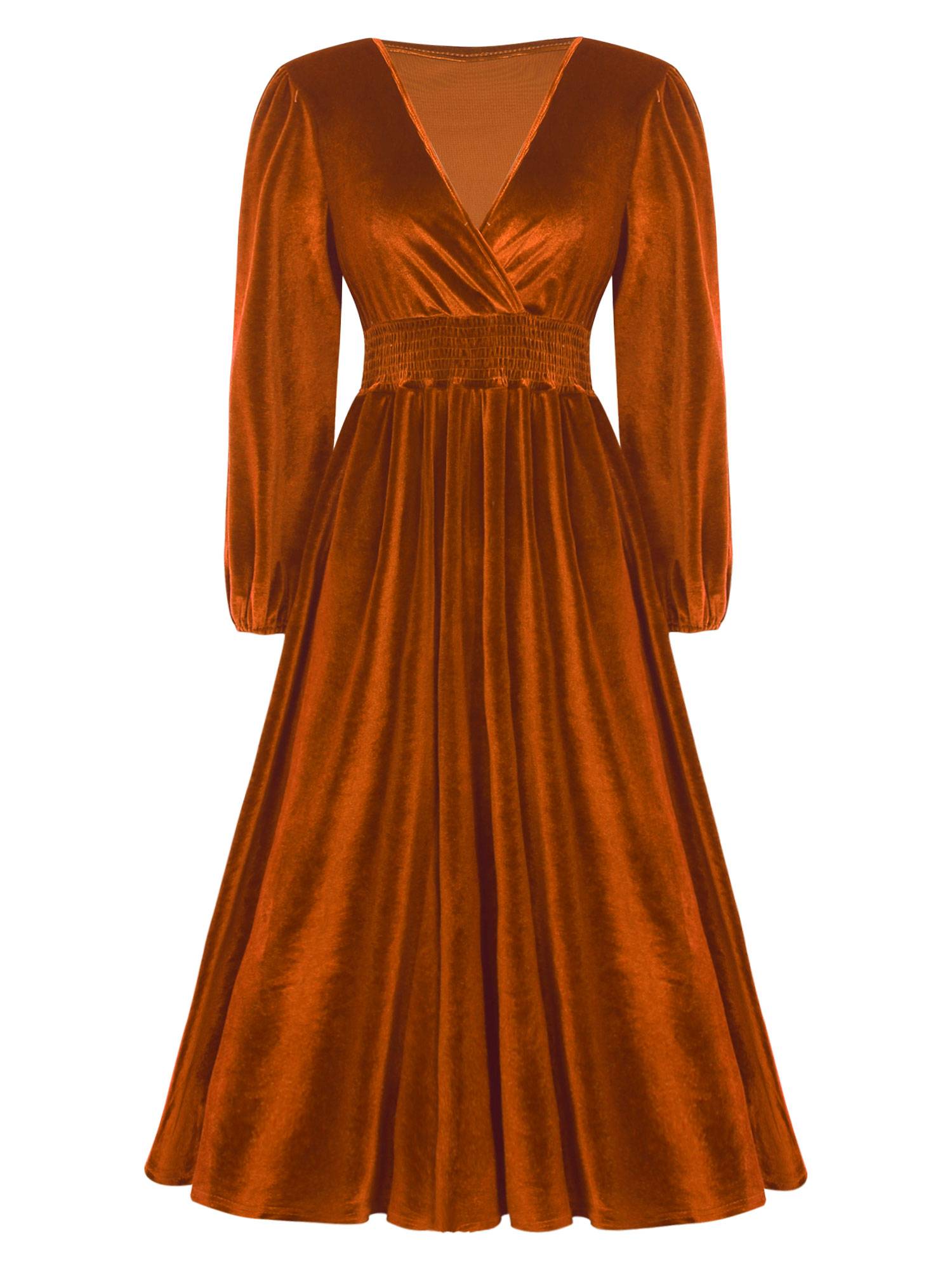 Women Long Sleeve V-neck Solid Color Velvet A-line Cocktail Dress