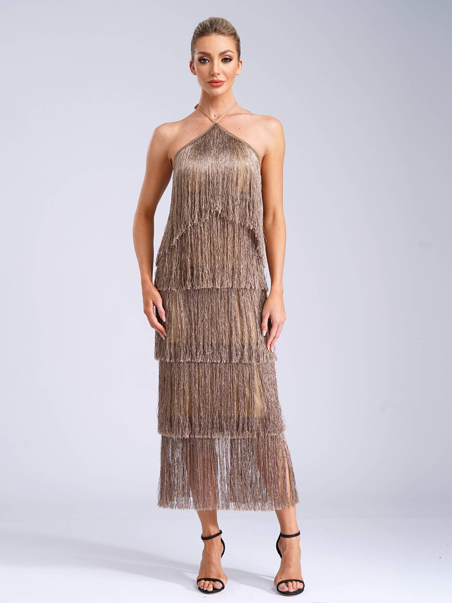 Women Halter Neck Strap Backless Tassels Midi Dress for Cocktail