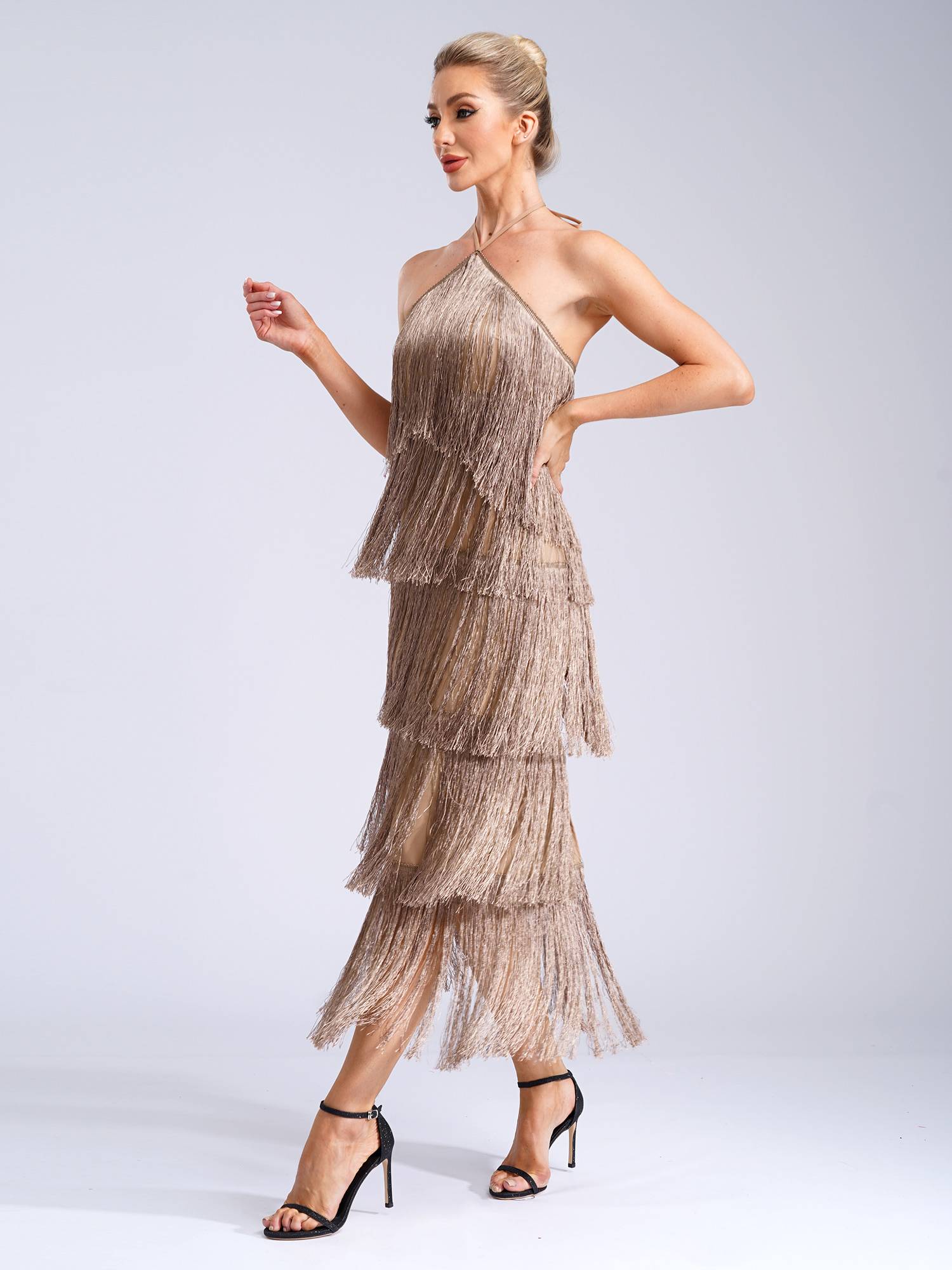 Women Halter Neck Strap Backless Tassels Midi Dress for Cocktail