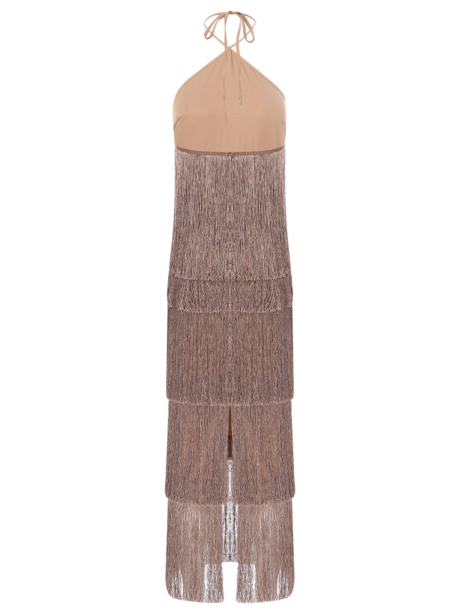 Women Halter Neck Strap Backless Tassels Midi Dress for Cocktail