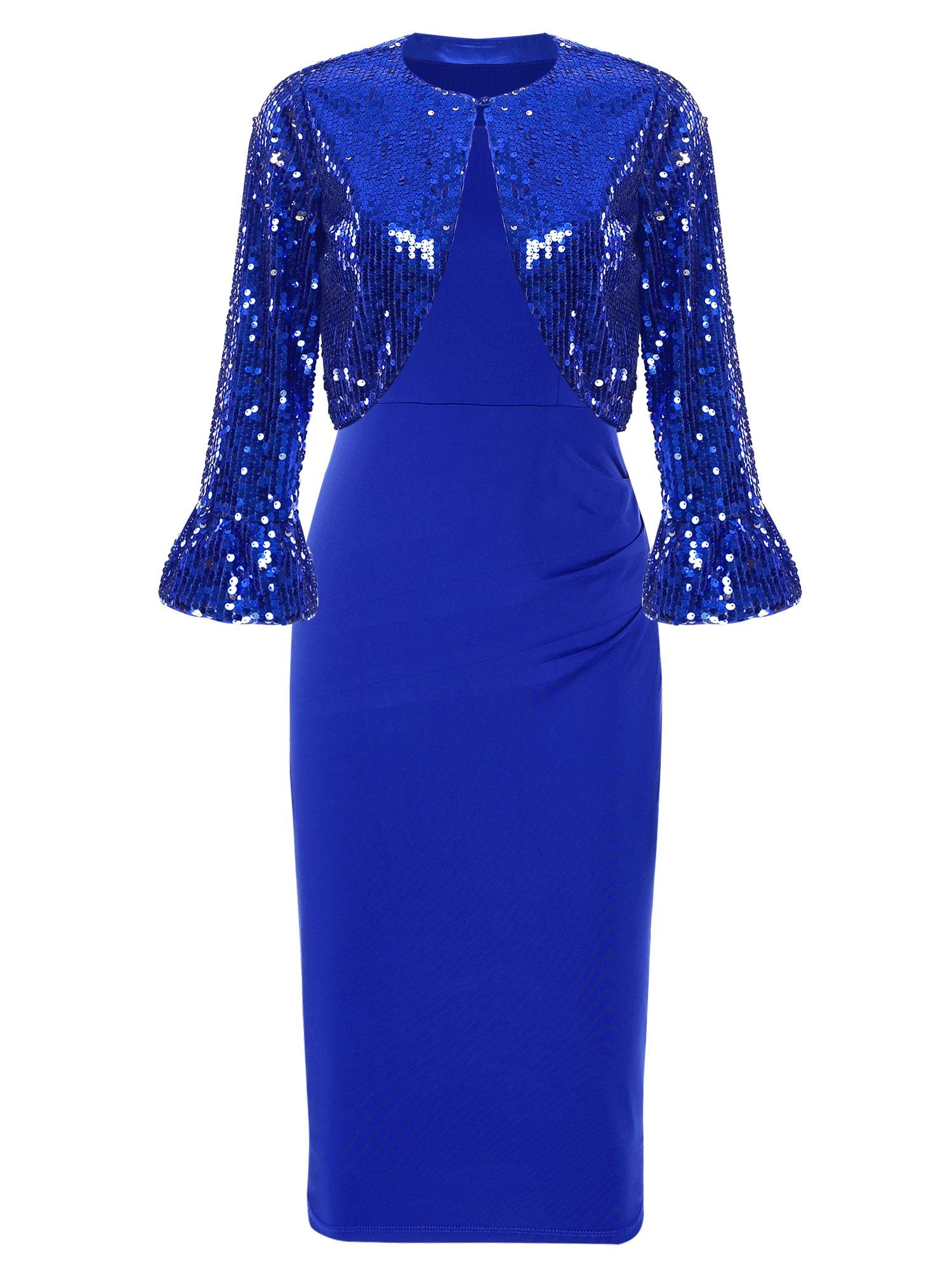Women 2pcs Ruched Bodycon Dress and Long Sleeve Sequins Jacket Set for Cocktail