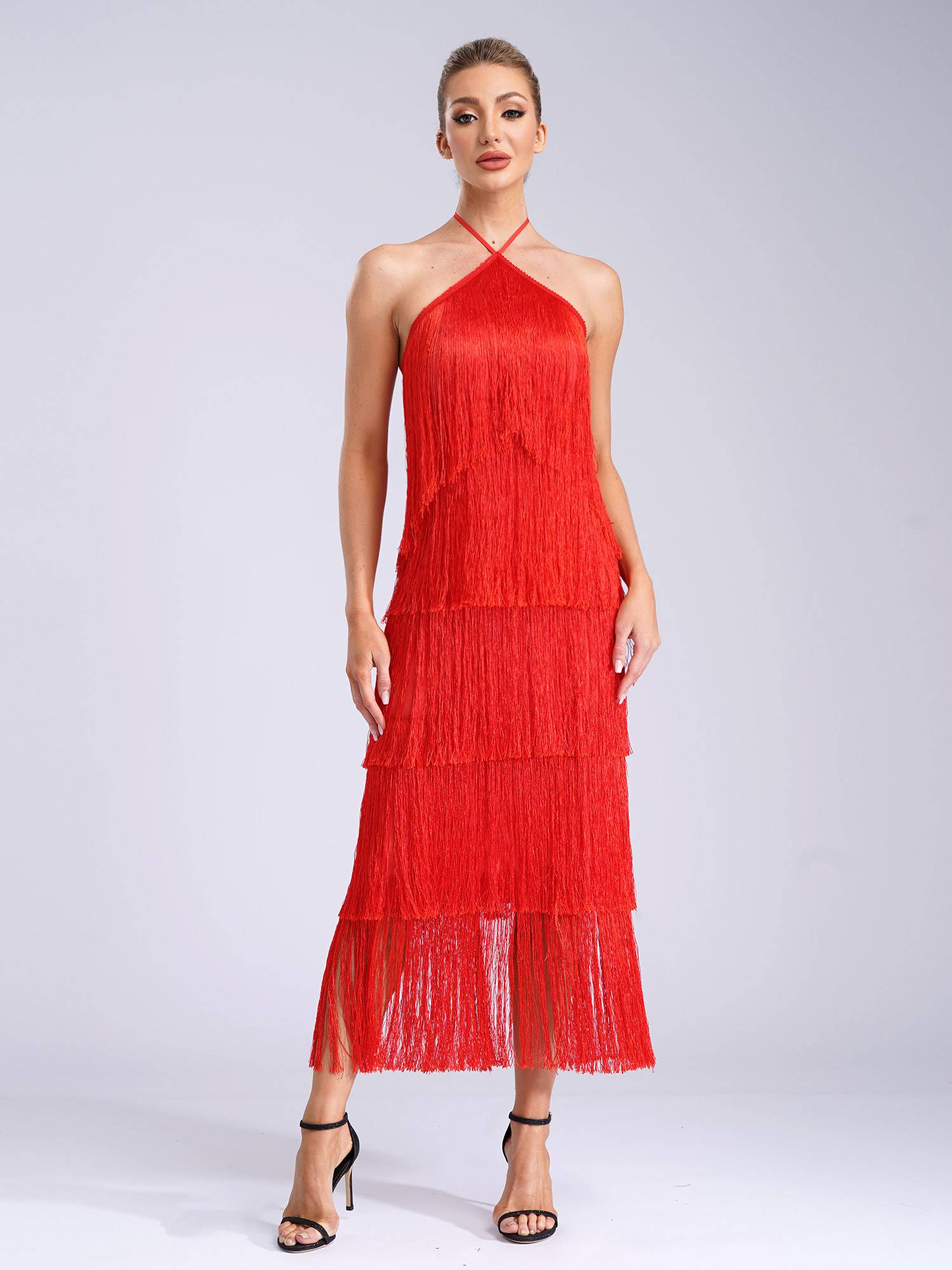 Women Halter Neck Strap Backless Tassels Midi Dress for Cocktail