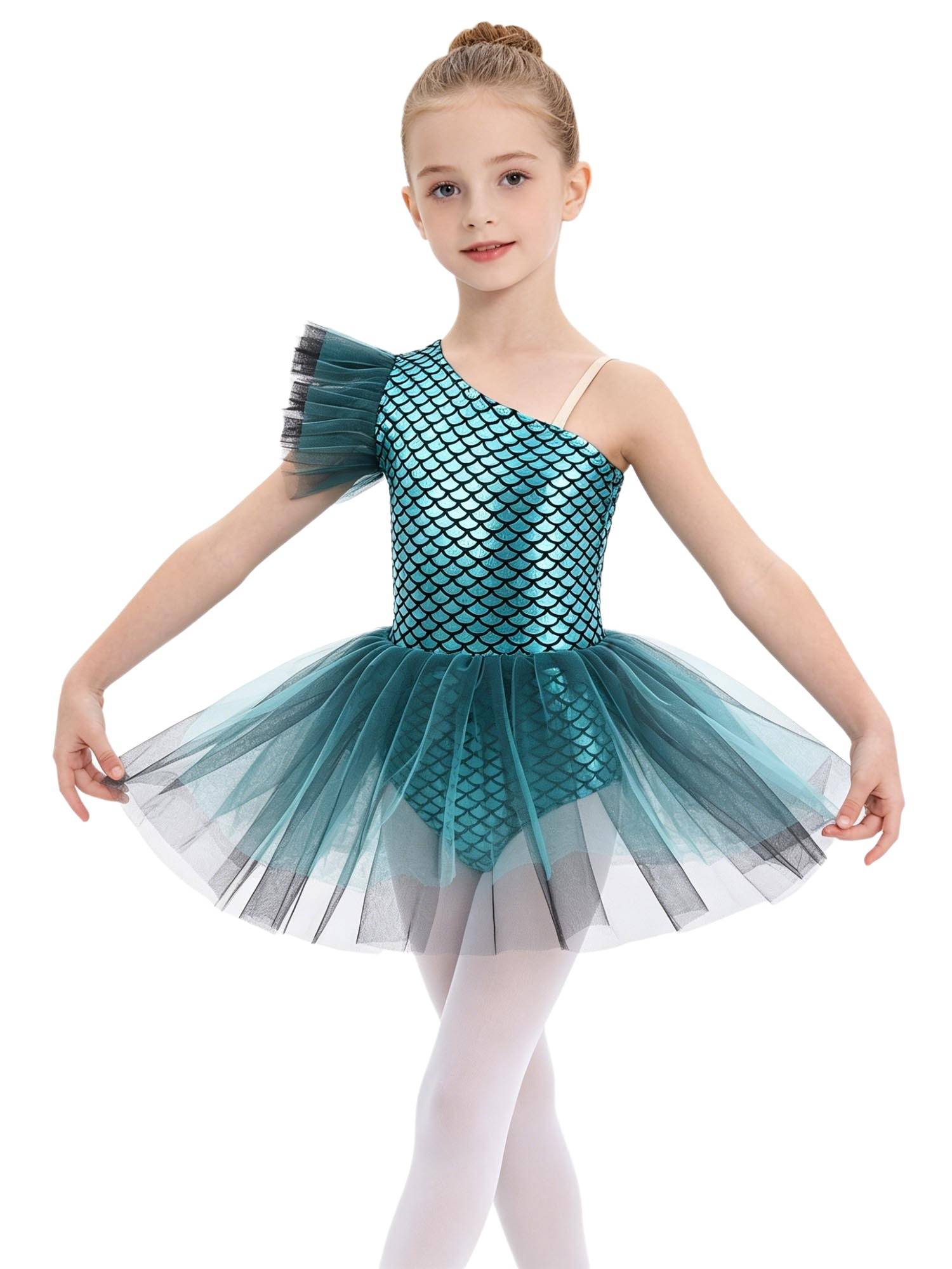 Girls Halloween Mermaid Ballet Costume One Shoulder Sleeveless Tutu Dress