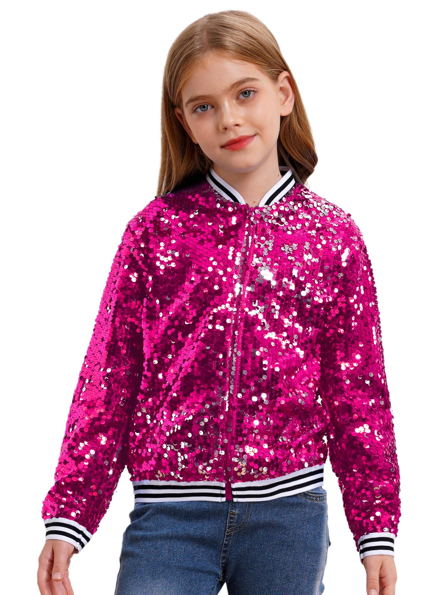 Kids Girls Sequin Baseball Jackets Coat Zip Up Outerwear