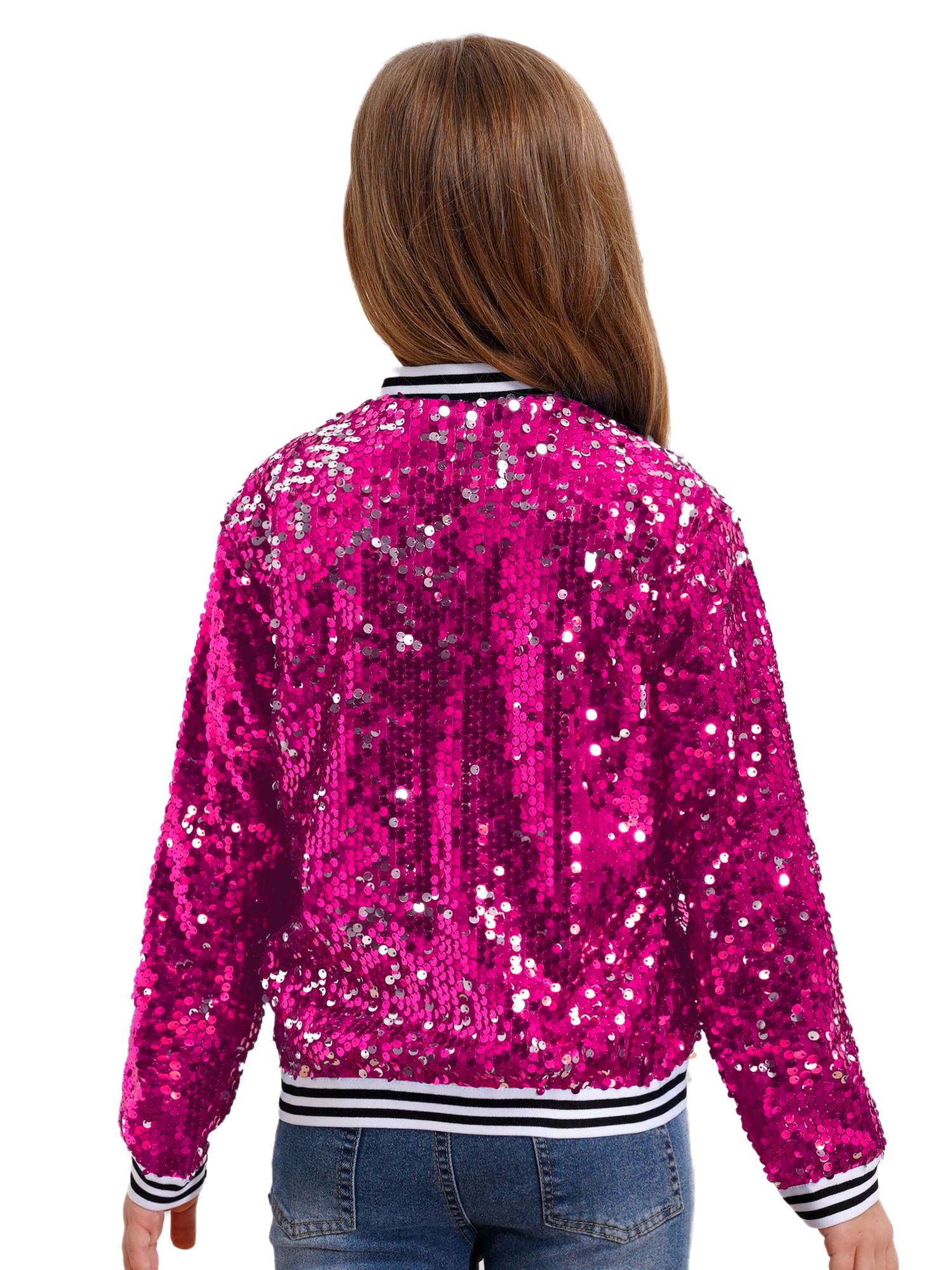 Kids Girls Sequin Baseball Jackets Coat Zip Up Outerwear