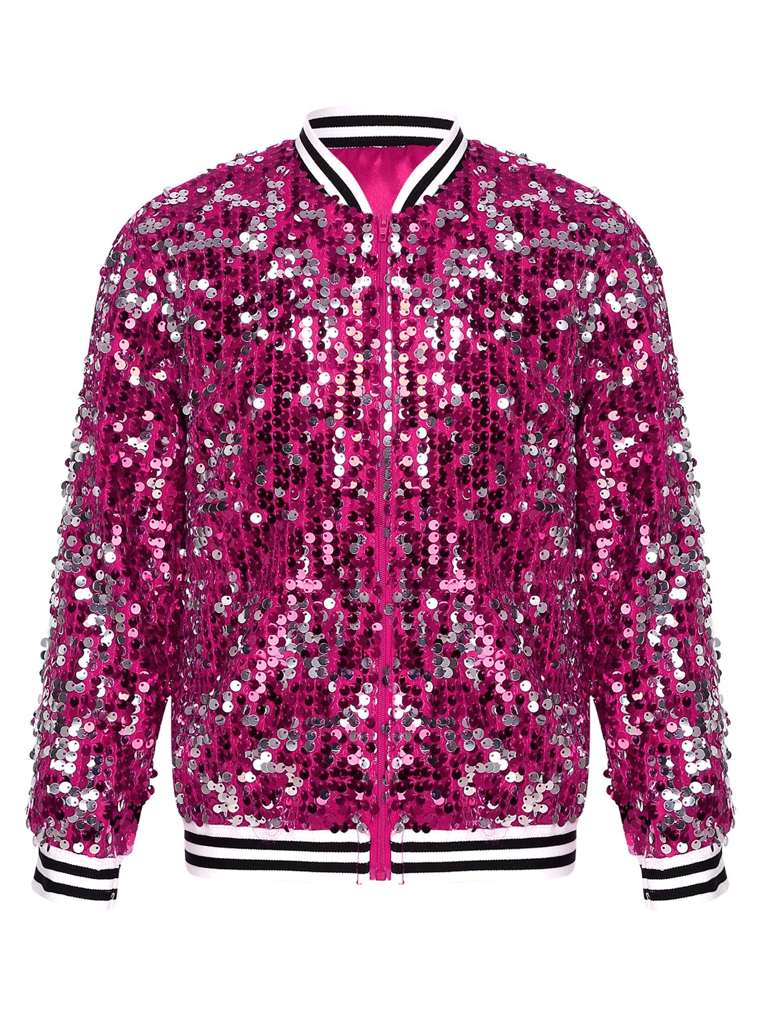 Kids Girls Sequin Baseball Jackets Coat Zip Up Outerwear