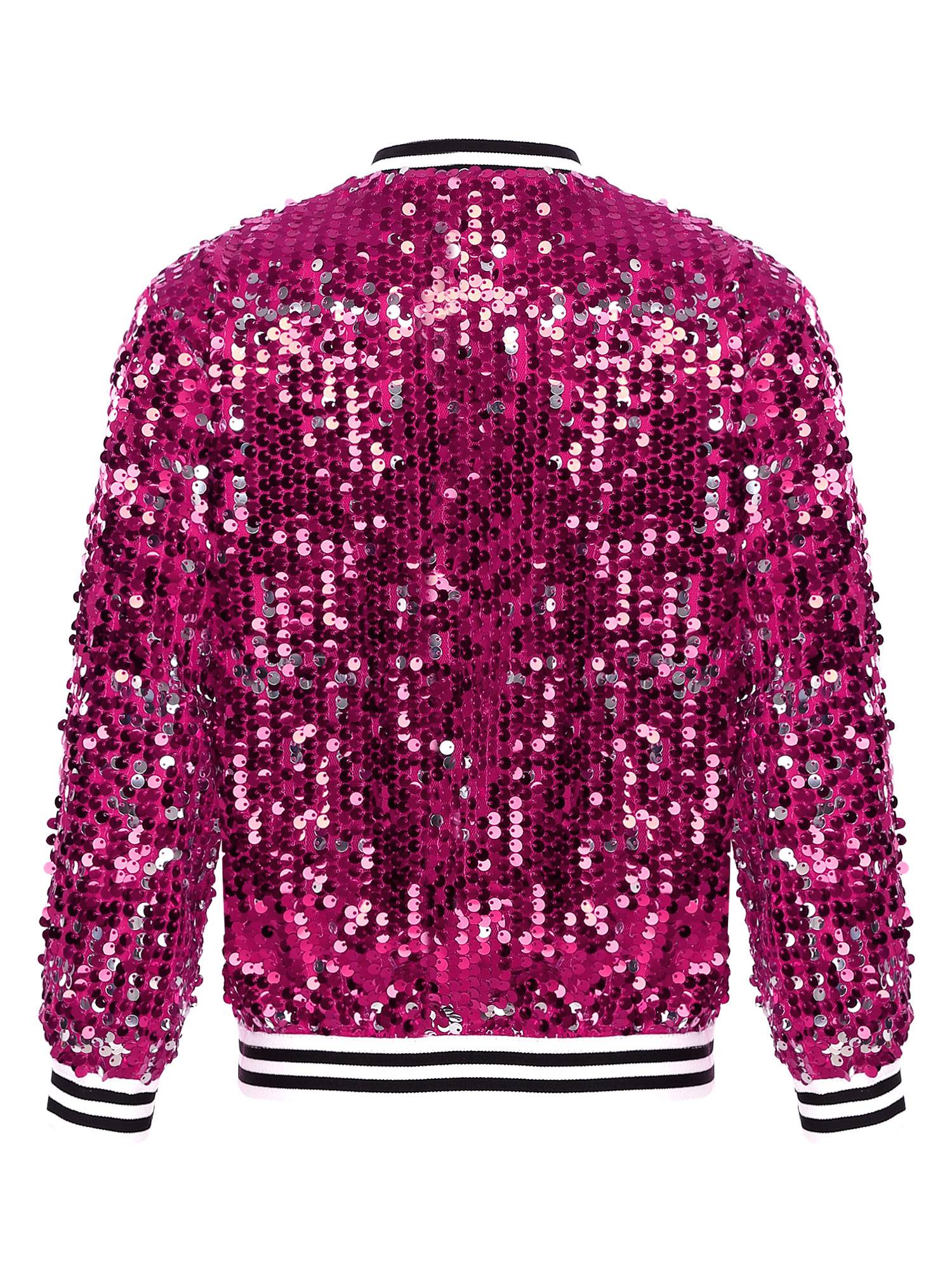 Kids Girls Sequin Baseball Jackets Coat Zip Up Outerwear