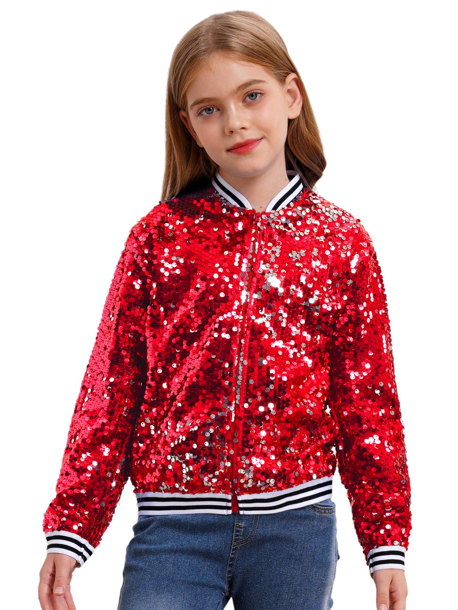 Kids Girls Sequin Baseball Jackets Coat Zip Up Outerwear