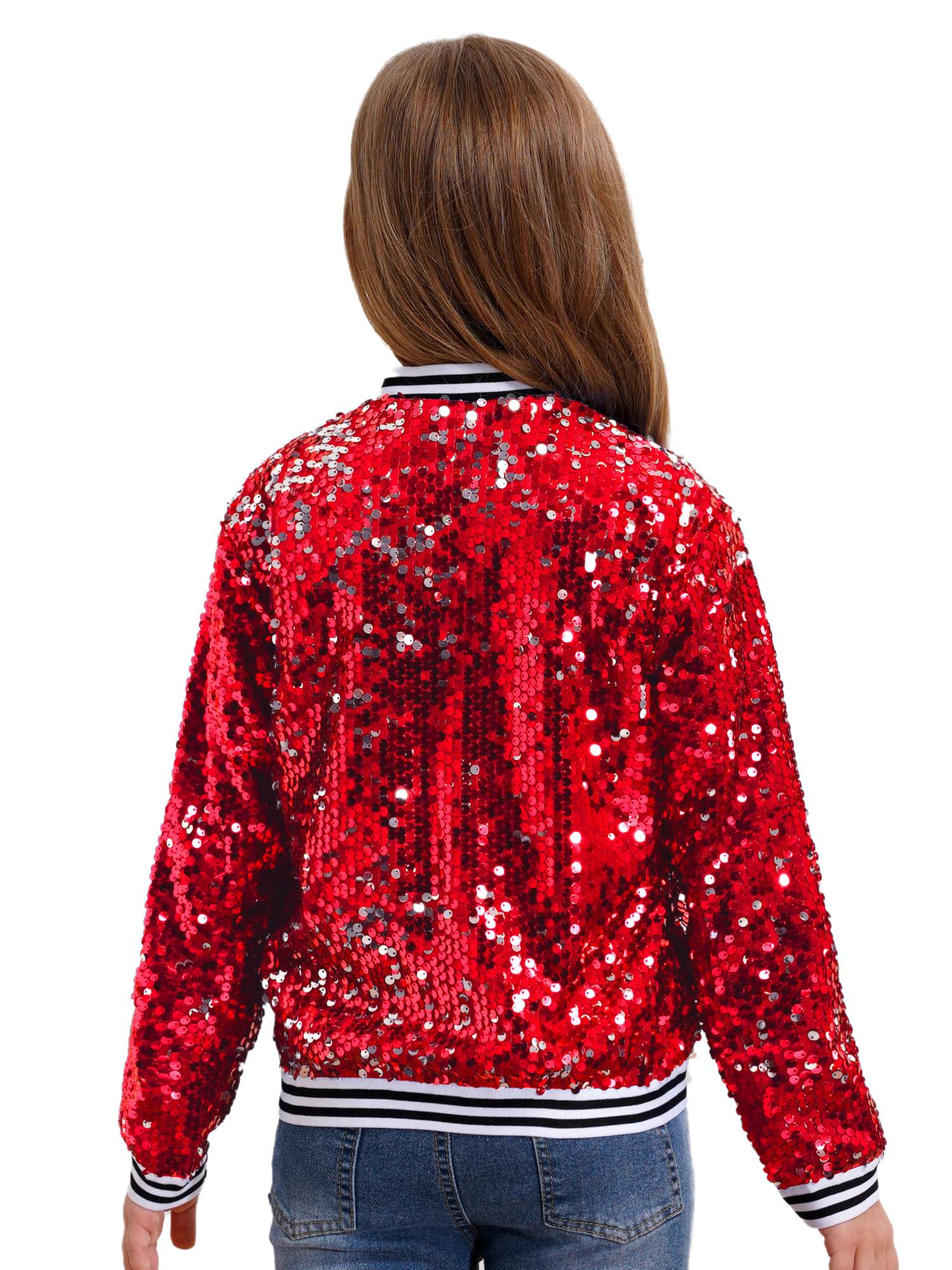 Kids Girls Sequin Baseball Jackets Coat Zip Up Outerwear