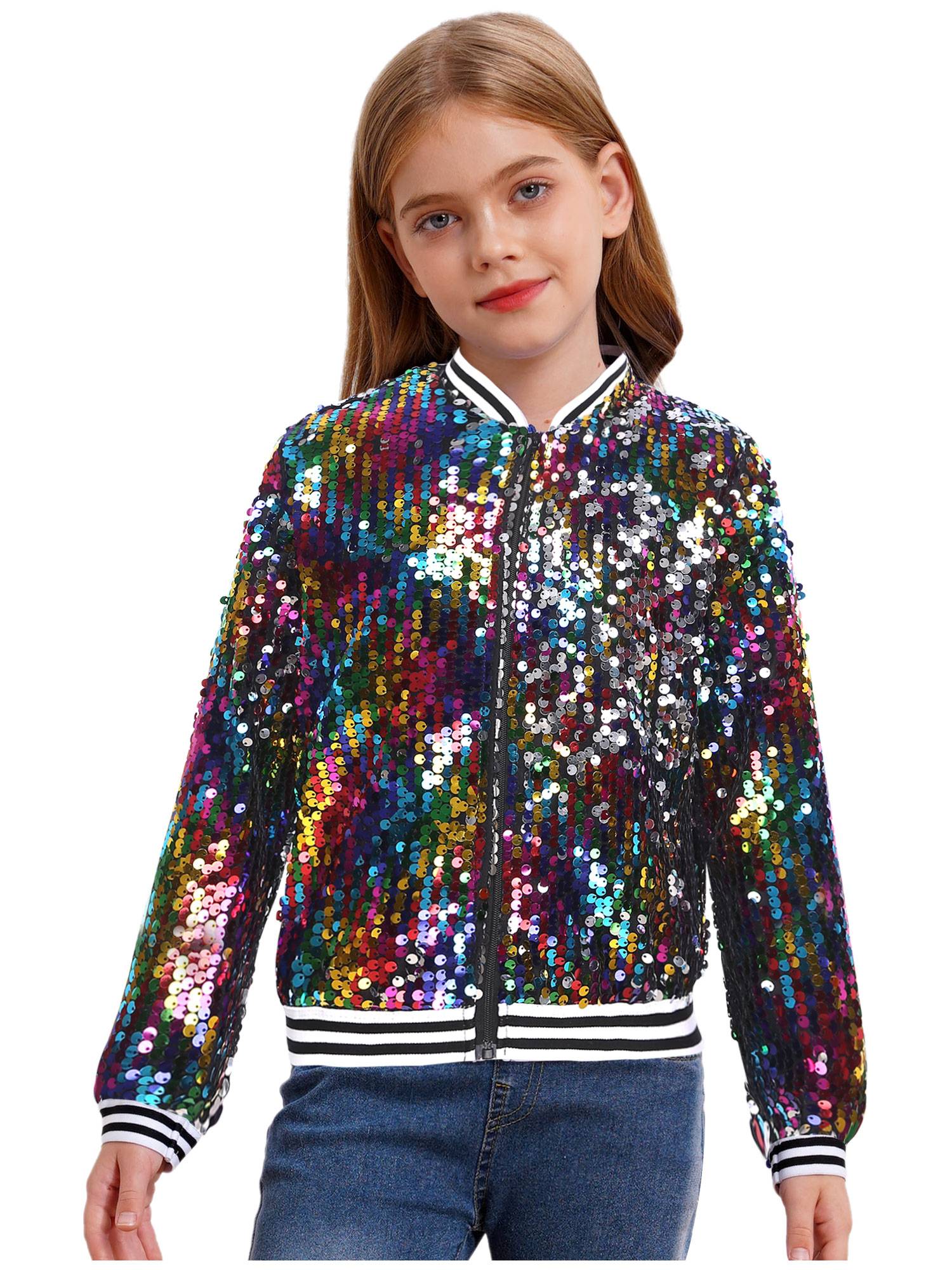 Kids Girls Sequin Baseball Jackets Coat Zip Up Outerwear