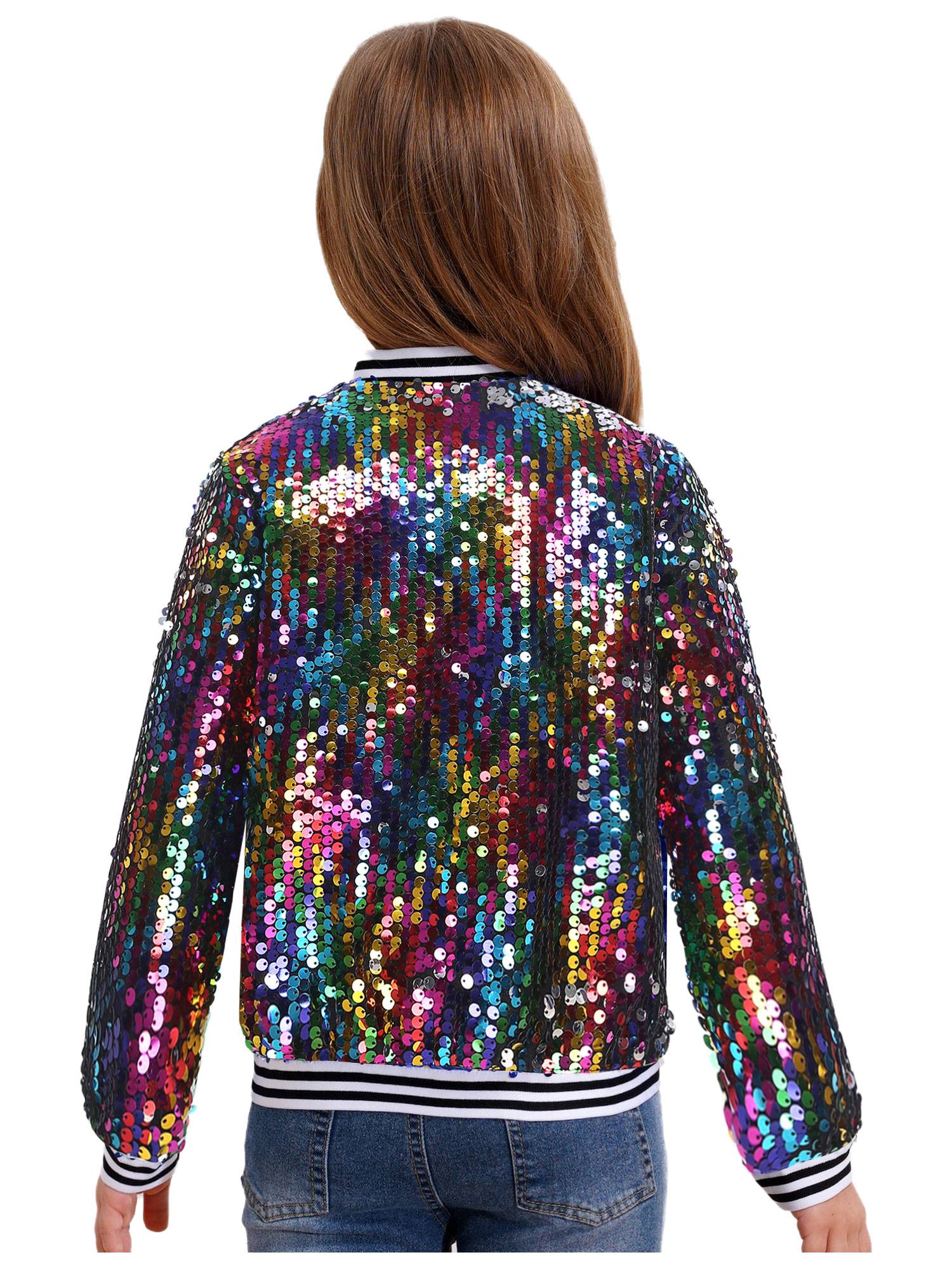 Kids Girls Sequin Baseball Jackets Coat Zip Up Outerwear
