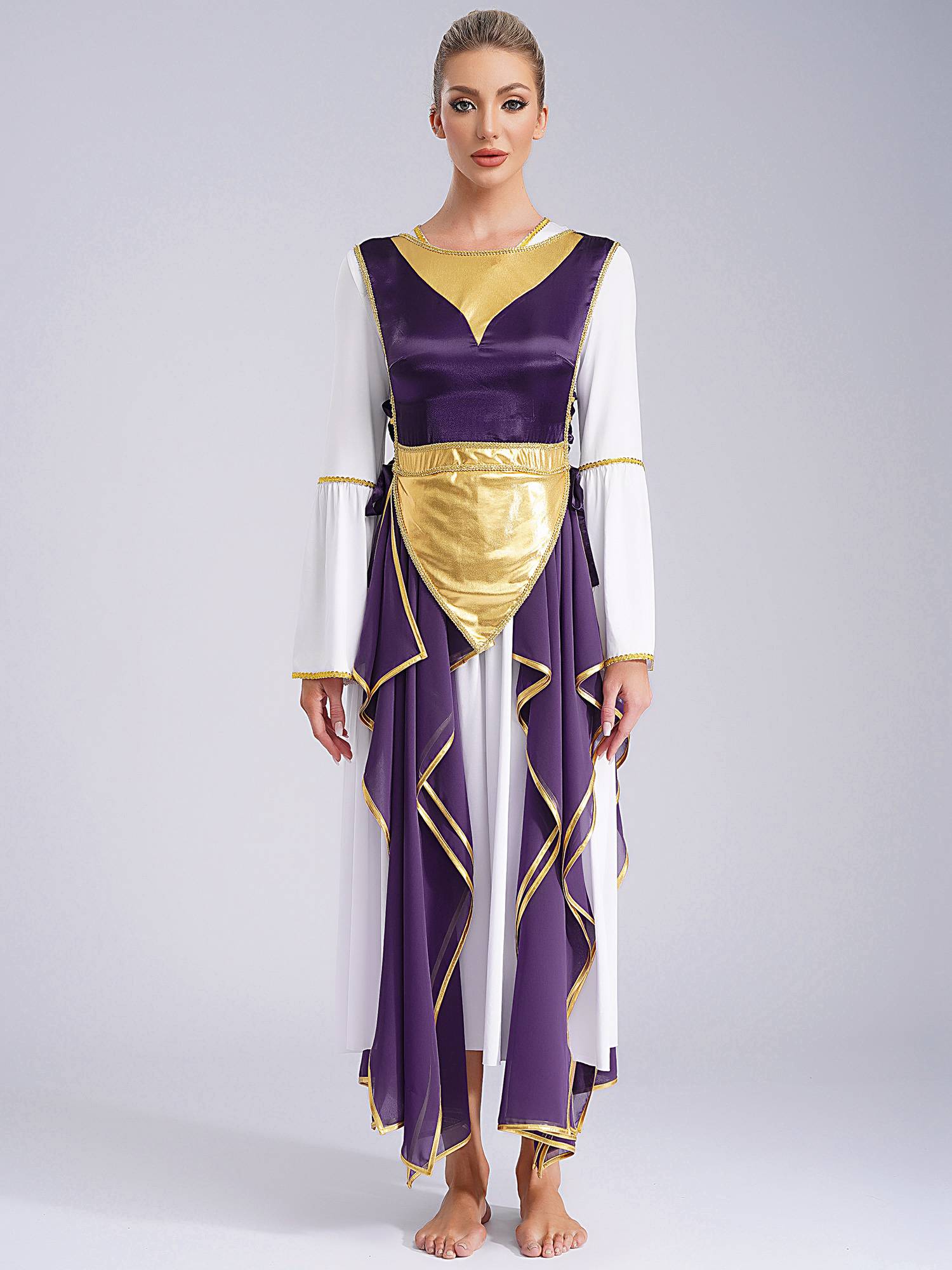 Women Metallic Sides Split Lace-up Tunic Asymmetrical Liturgical Dance Dress