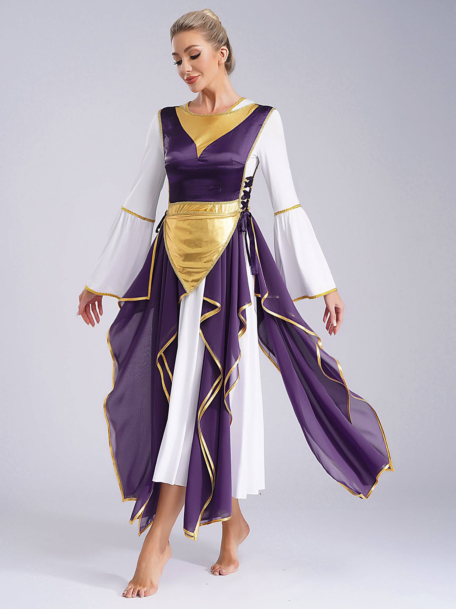 Women Metallic Sides Split Lace-up Tunic Asymmetrical Liturgical Dance Dress