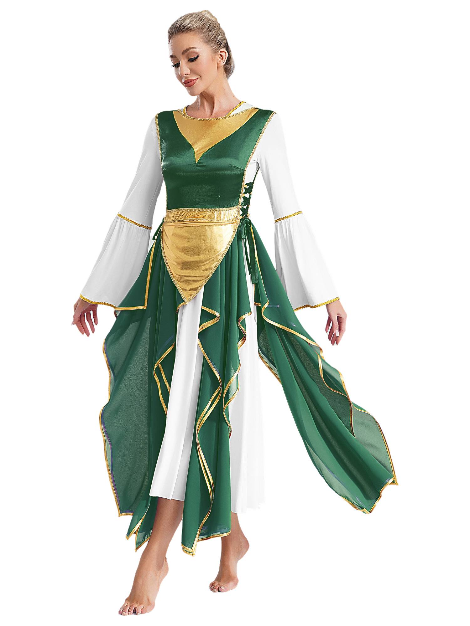 Women Metallic Sides Split Lace-up Tunic Asymmetrical Liturgical Dance Dress