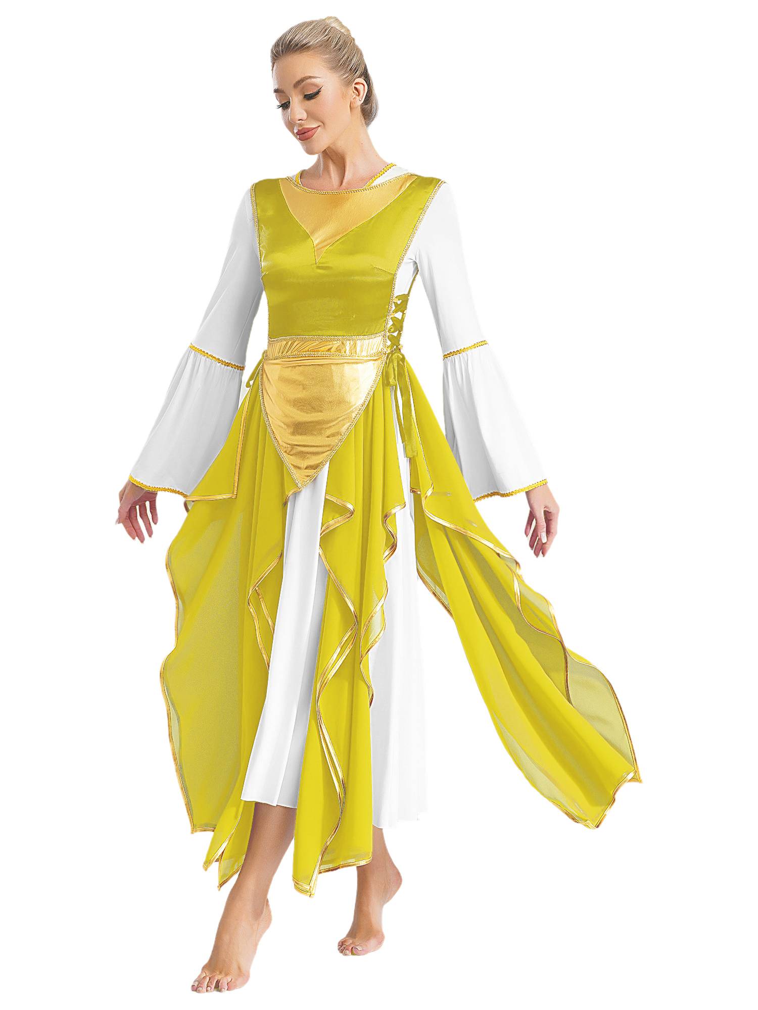 Women Metallic Sides Split Lace-up Tunic Asymmetrical Liturgical Dance Dress