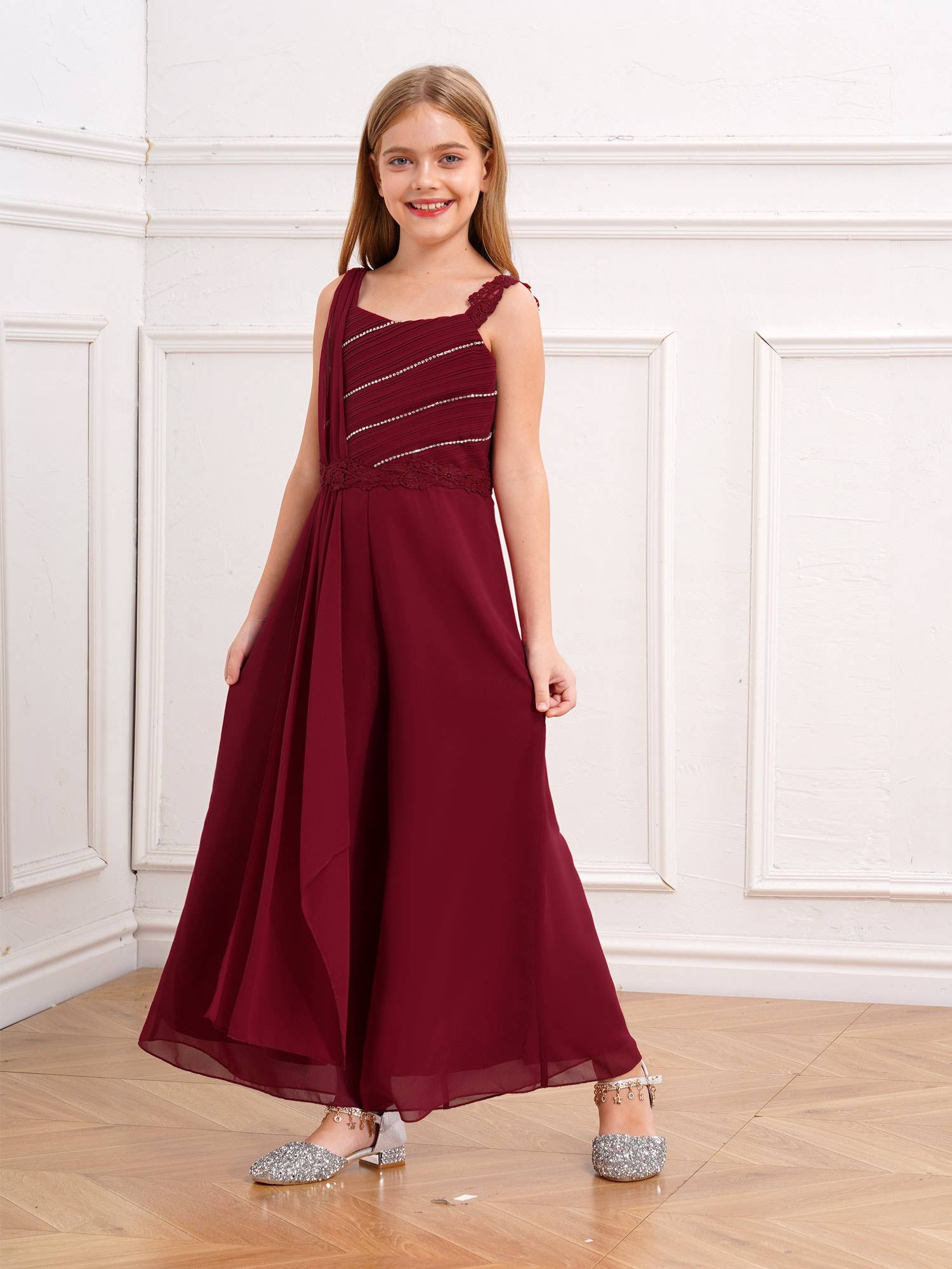 Girls Sleeveless Lace Ruffled Chiffon High Waist Jumpsuit for Party