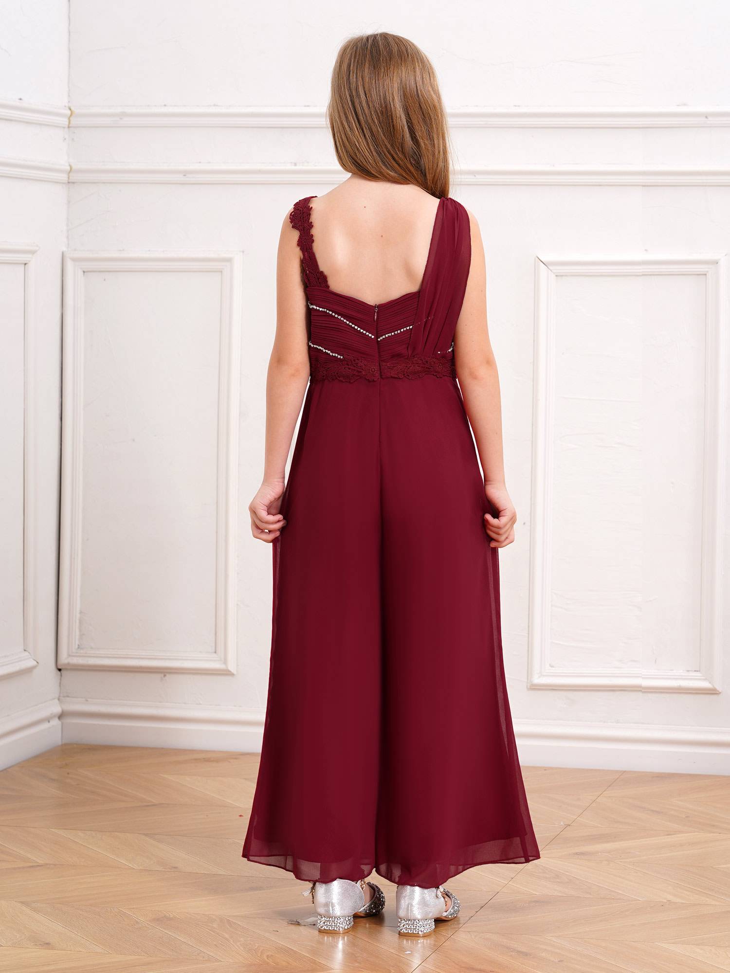 Girls Sleeveless Lace Ruffled Chiffon High Waist Jumpsuit for Party