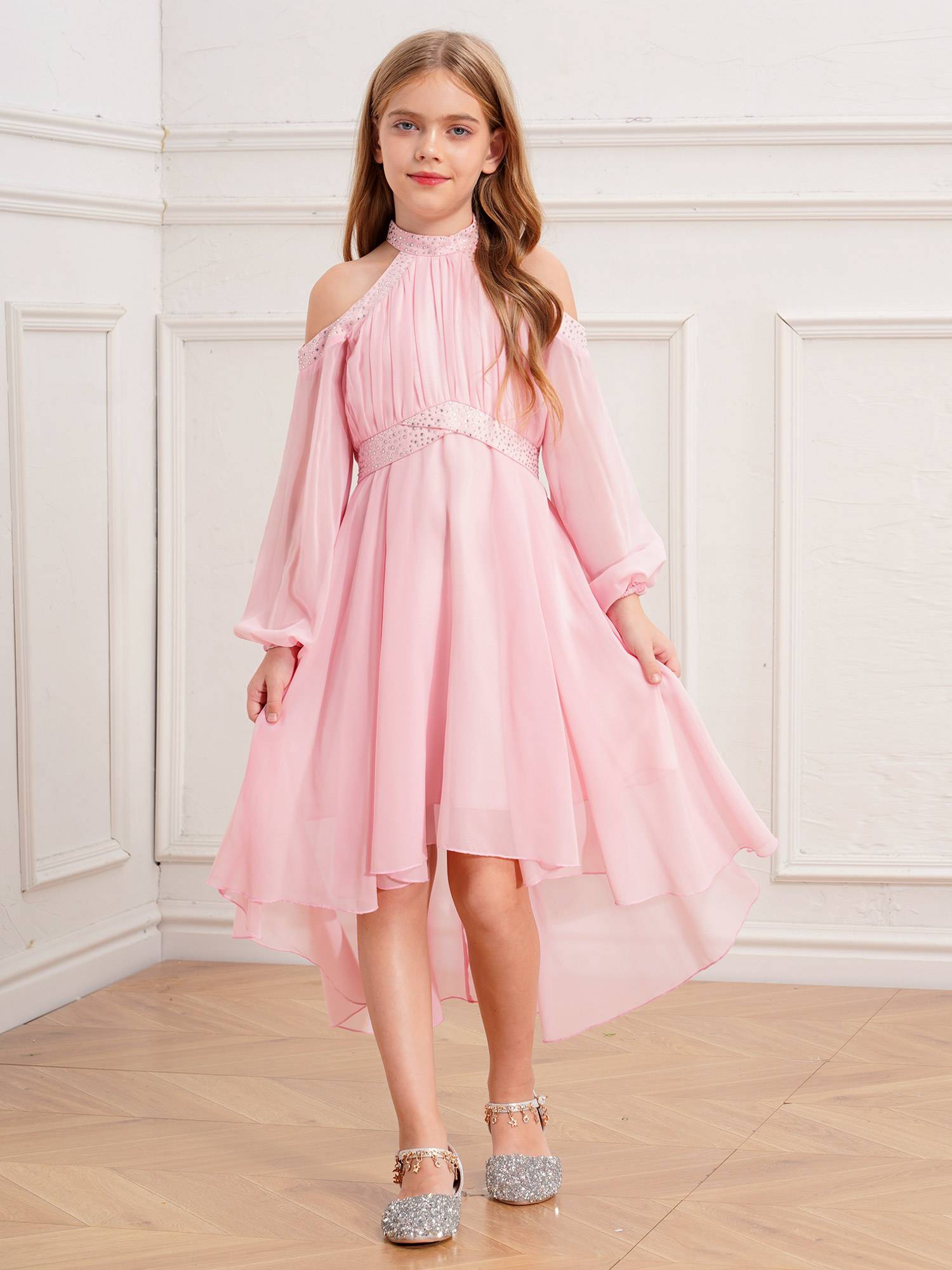 Girls Halter Neck Off-shoulder Long Sleeve Ruffled Hi-Lo Dress For Party