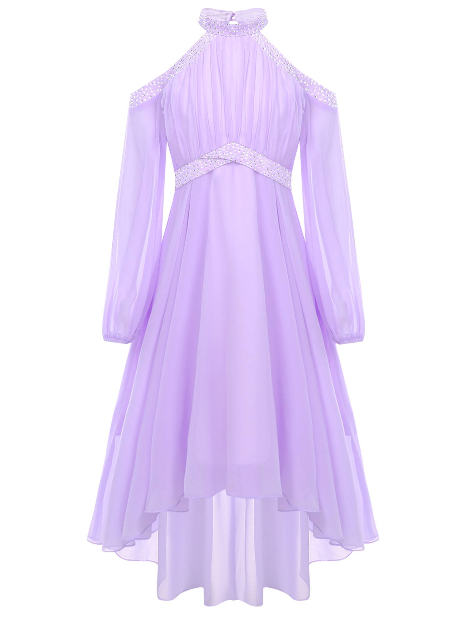 Girls Halter Neck Off-shoulder Long Sleeve Ruffled Hi-Lo Dress For Party