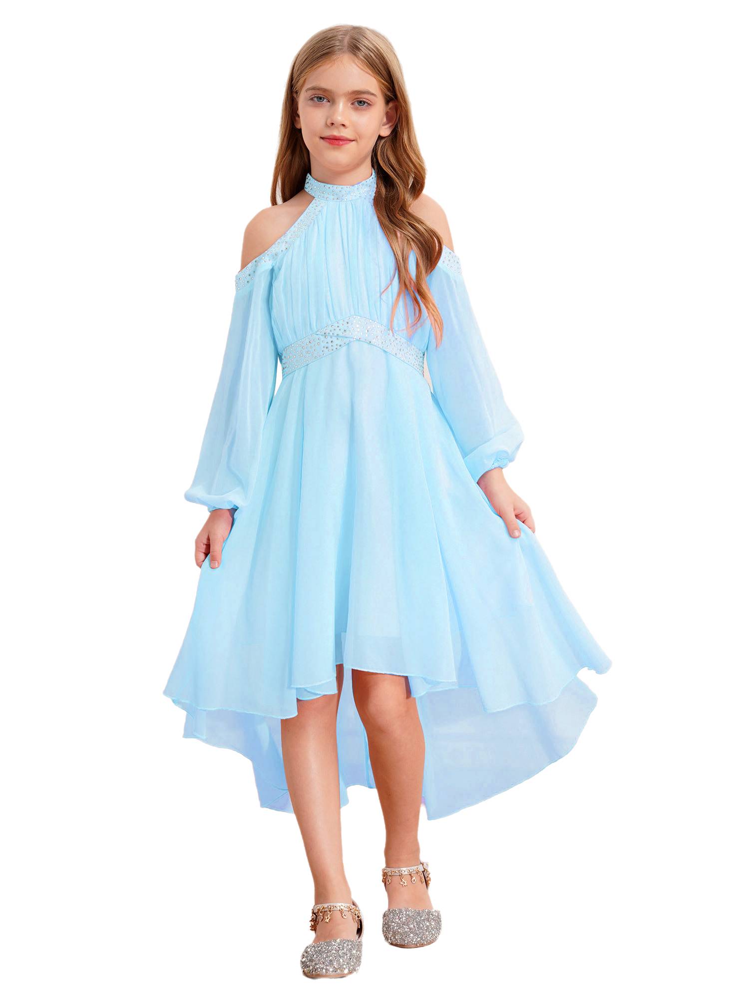 Girls Halter Neck Off-shoulder Long Sleeve Ruffled Hi-Lo Dress For Party