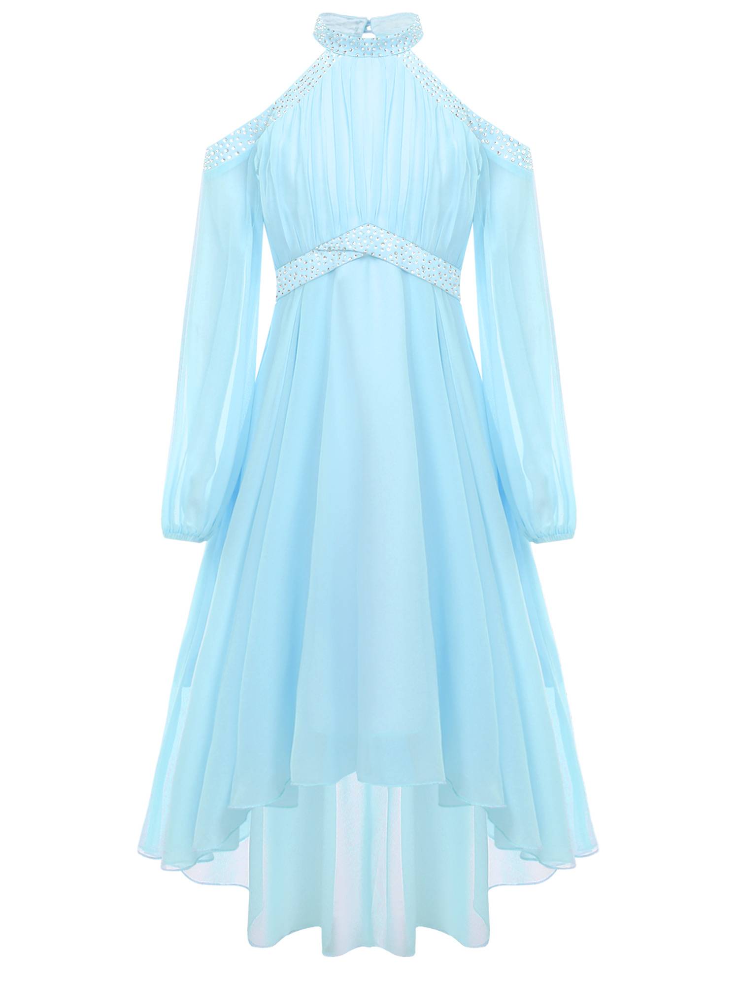 Girls Halter Neck Off-shoulder Long Sleeve Ruffled Hi-Lo Dress For Party