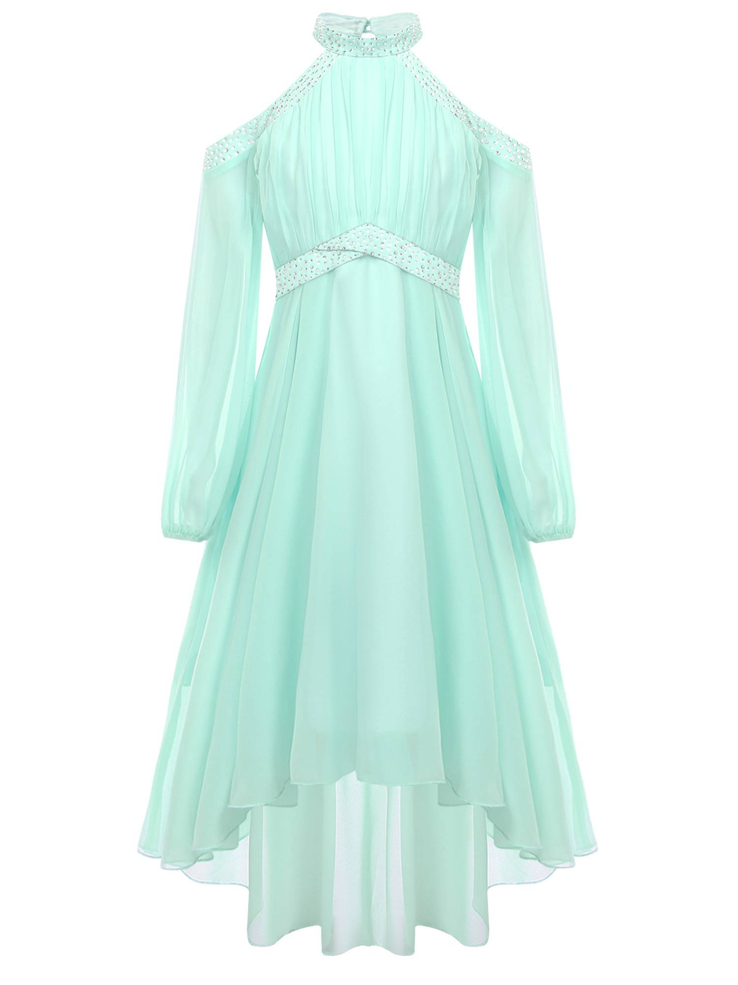 Girls Halter Neck Off-shoulder Long Sleeve Ruffled Hi-Lo Dress For Party