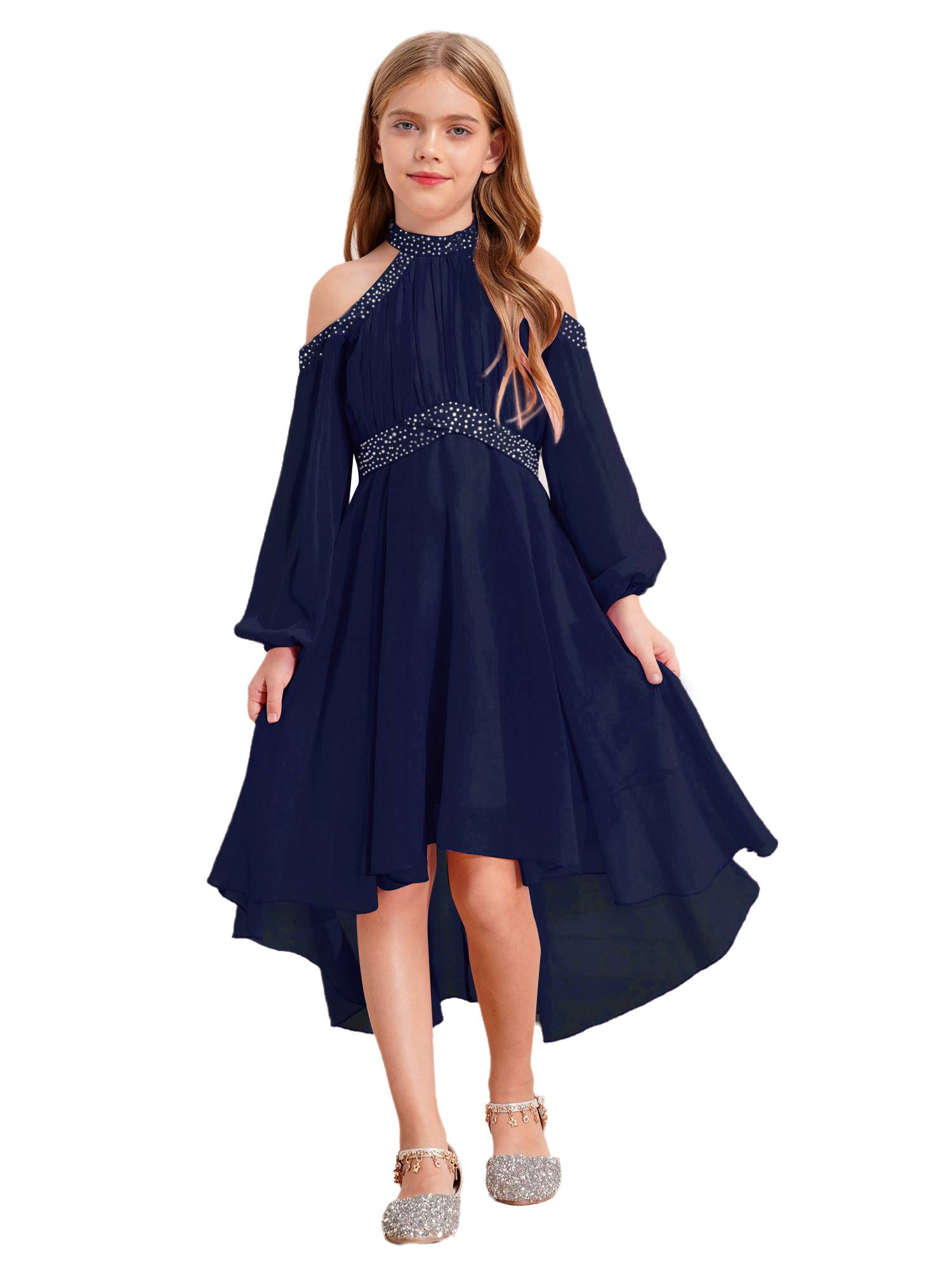 Girls Halter Neck Off-shoulder Long Sleeve Ruffled Hi-Lo Dress For Party