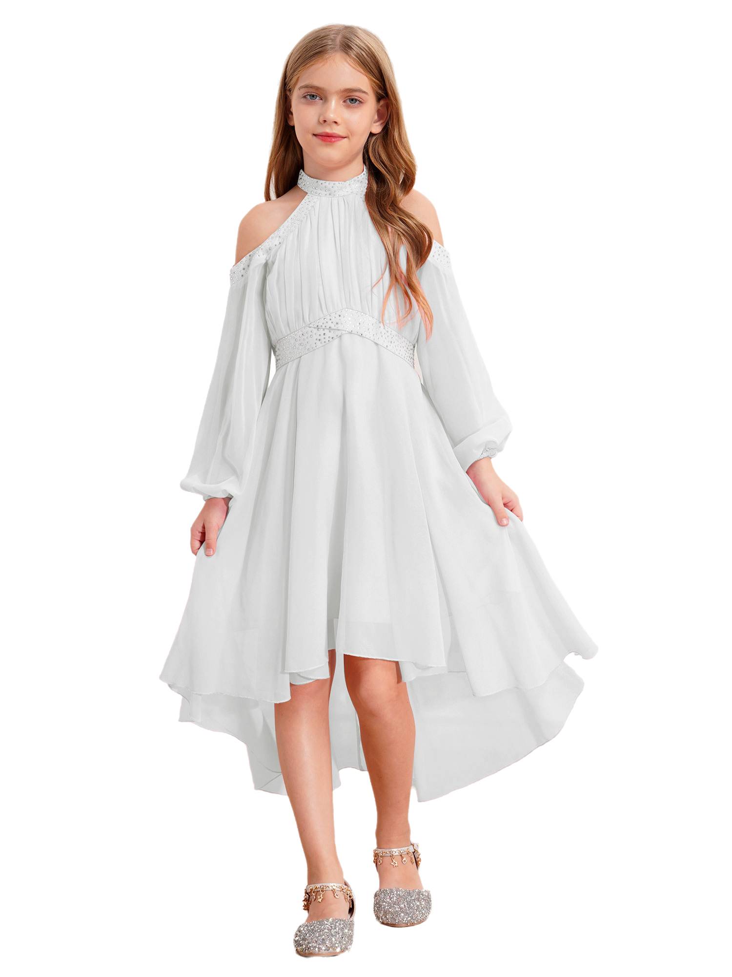 Girls Halter Neck Off-shoulder Long Sleeve Ruffled Hi-Lo Dress For Party