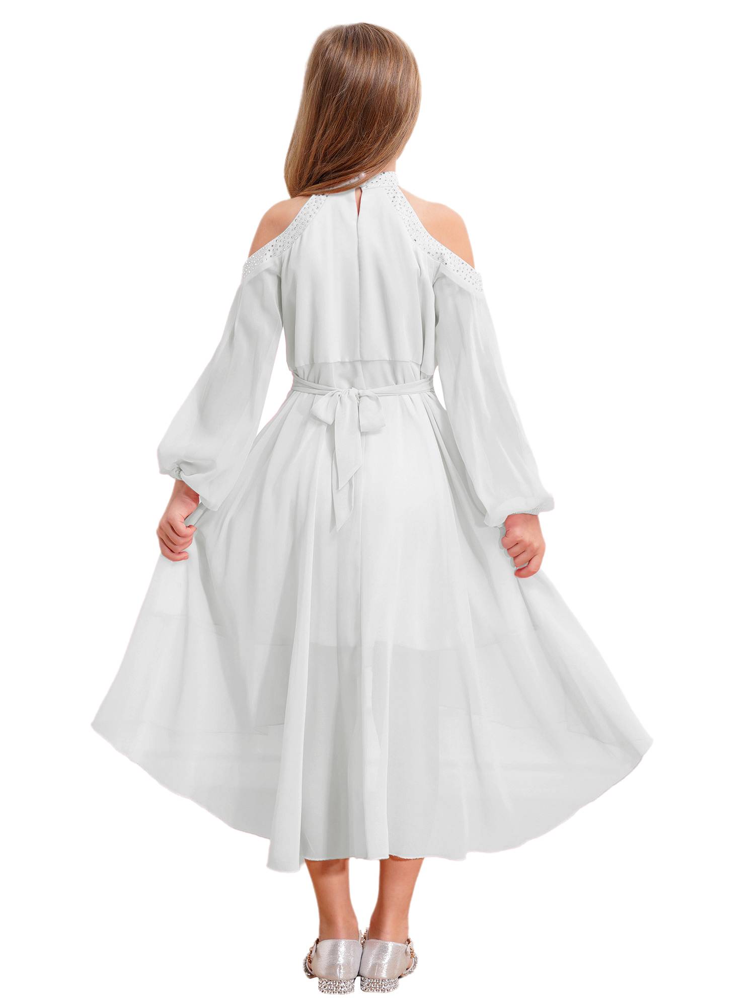 Girls Halter Neck Off-shoulder Long Sleeve Ruffled Hi-Lo Dress For Party