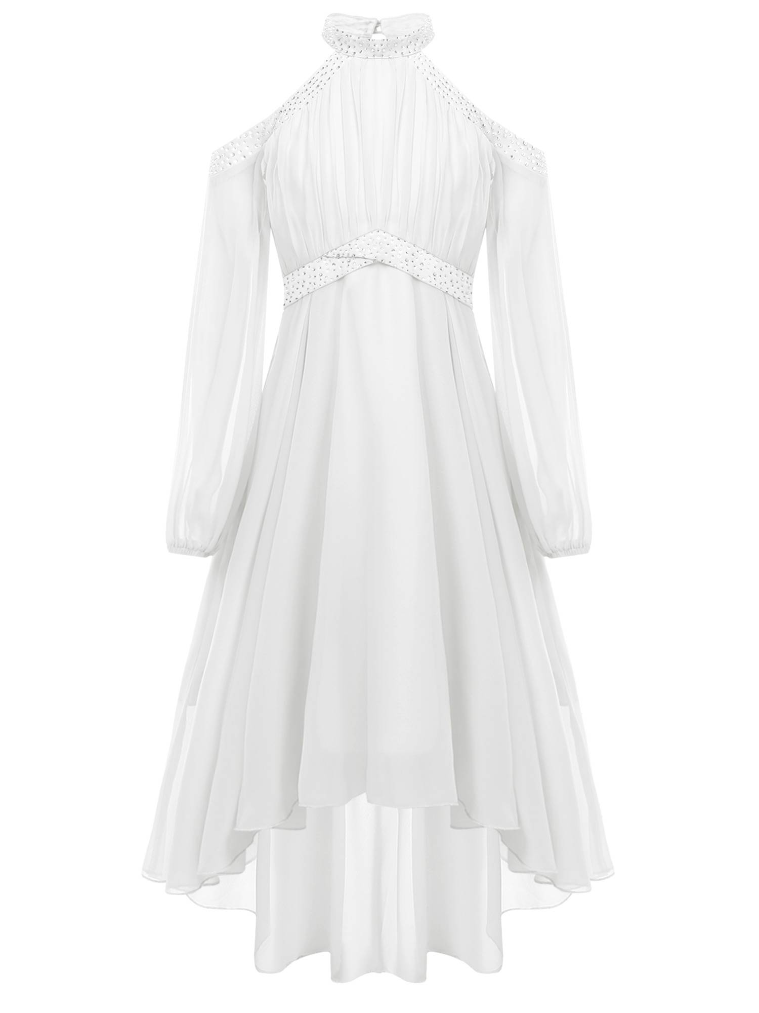 Girls Halter Neck Off-shoulder Long Sleeve Ruffled Hi-Lo Dress For Party