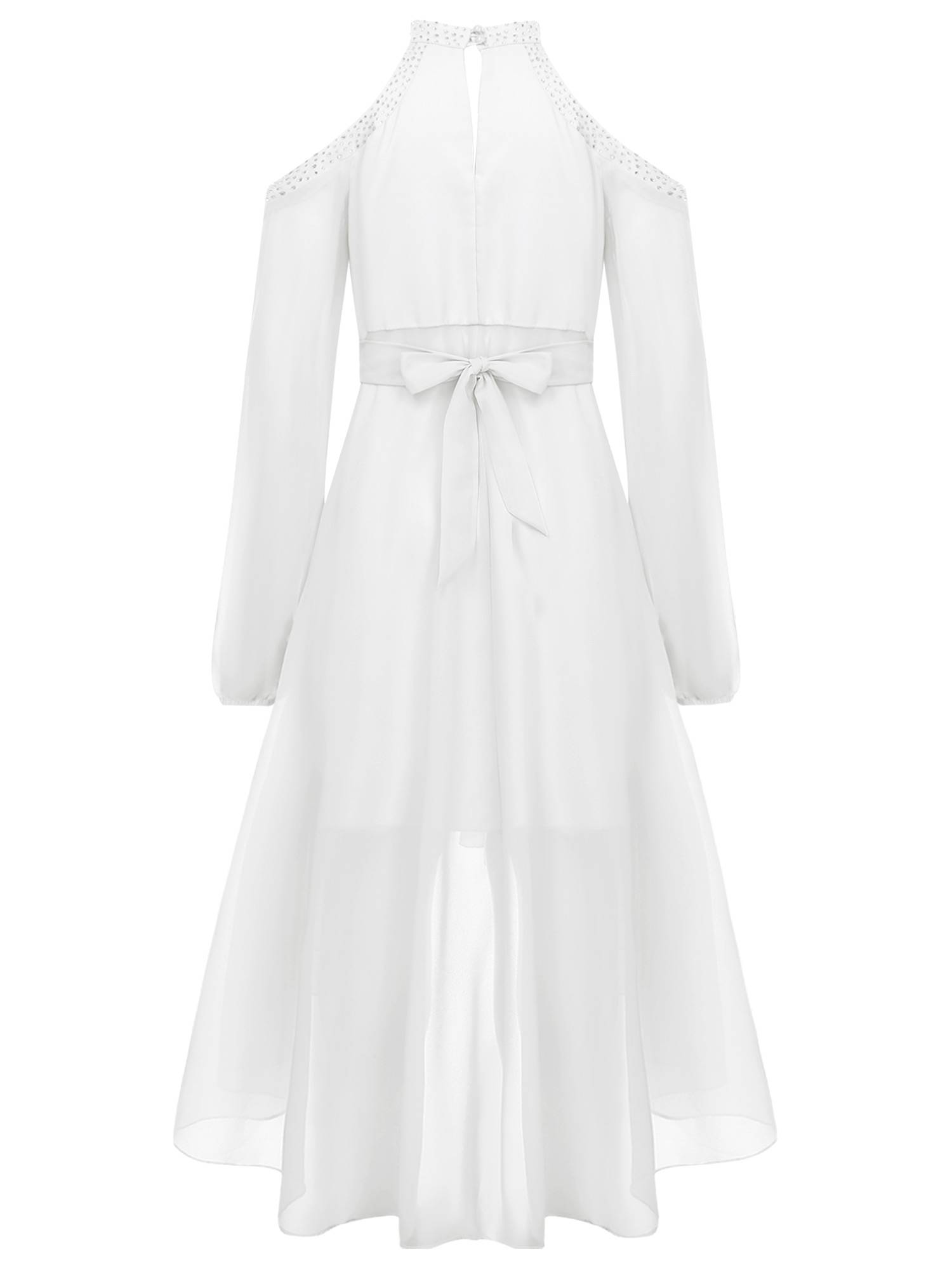 Girls Halter Neck Off-shoulder Long Sleeve Ruffled Hi-Lo Dress For Party