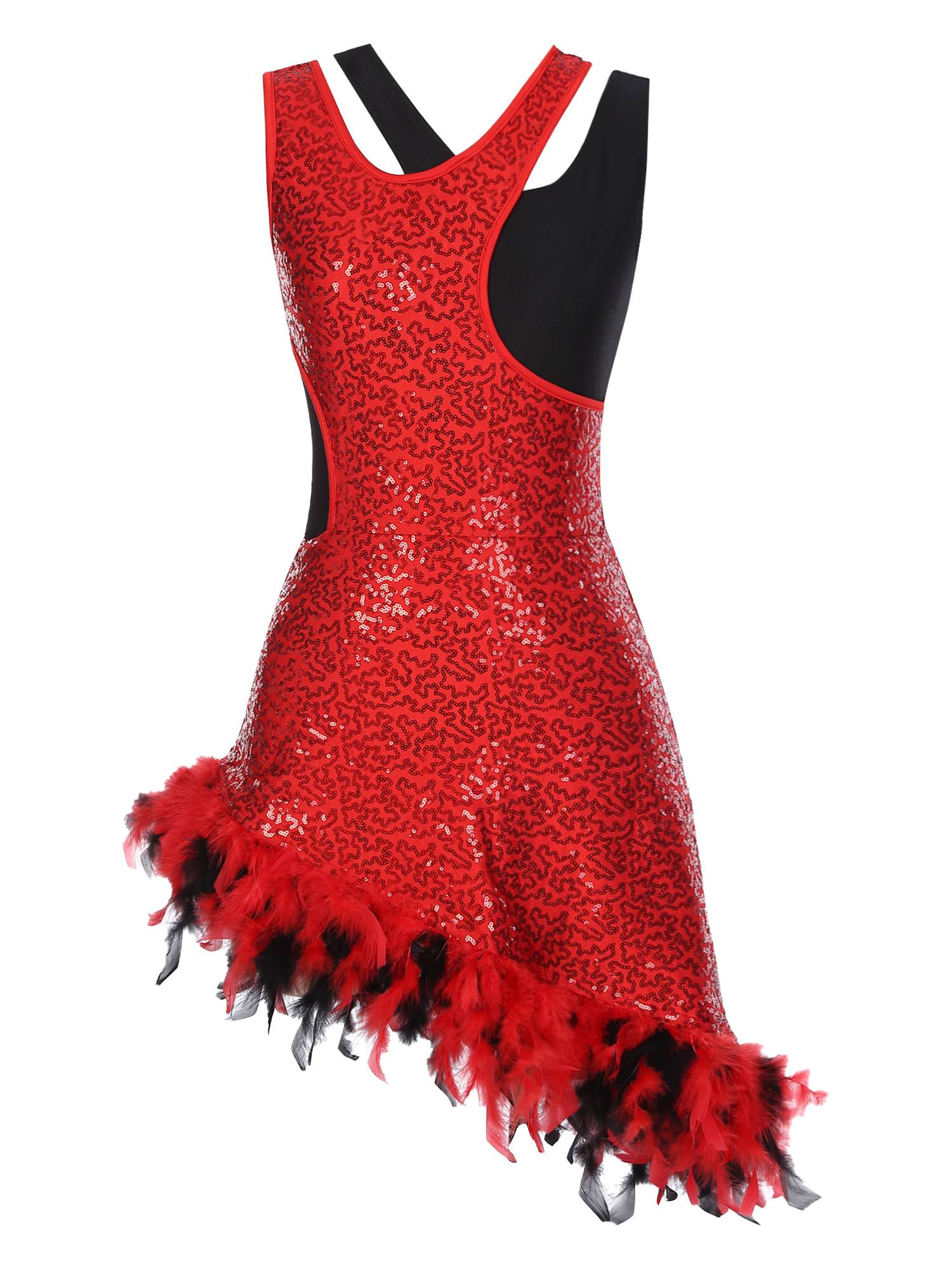 Women Sleeveless Sequins Feather Trim Asymmetrical Jazz Dance Dress
