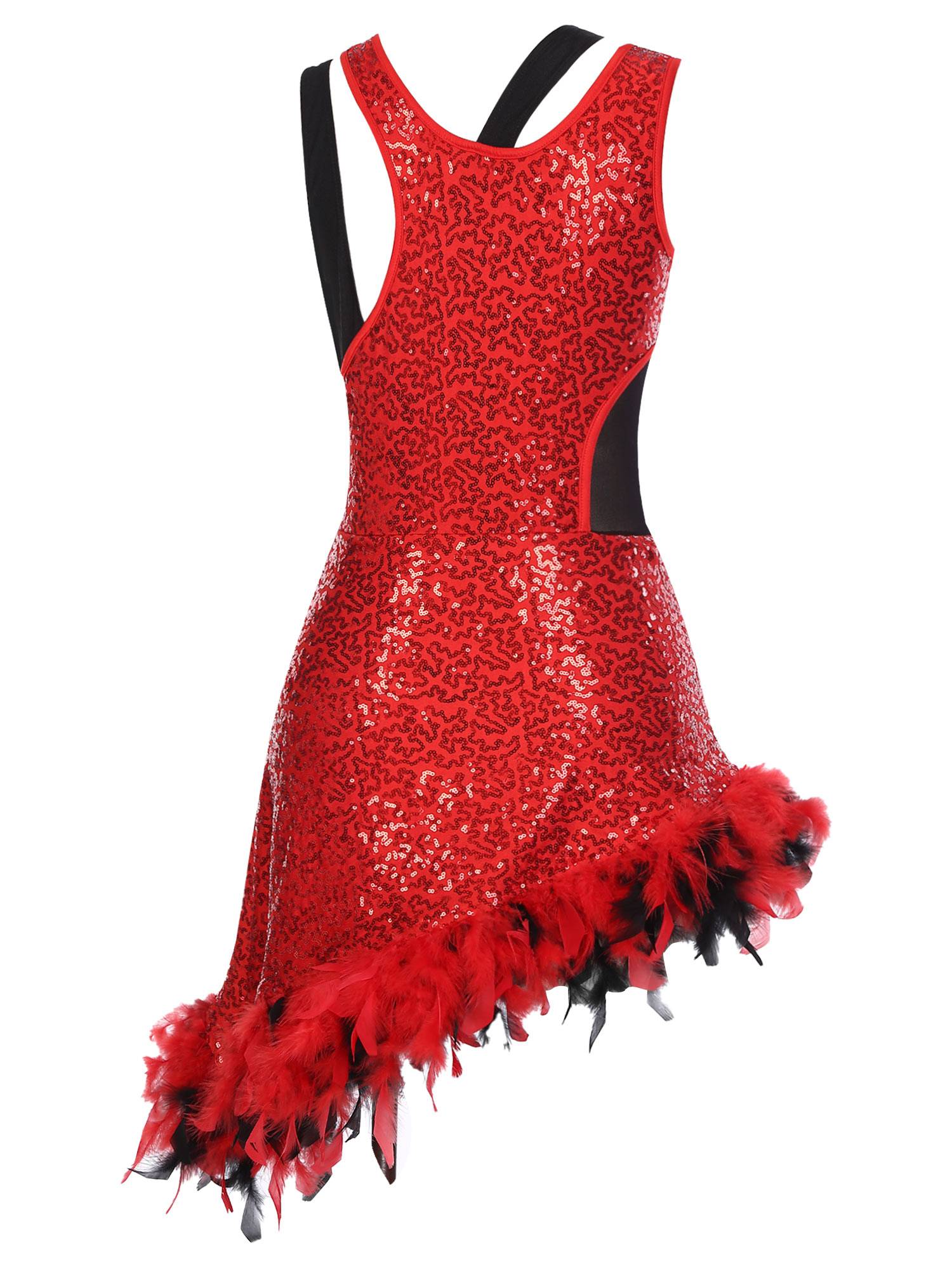 Women Sleeveless Sequins Feather Trim Asymmetrical Jazz Dance Dress