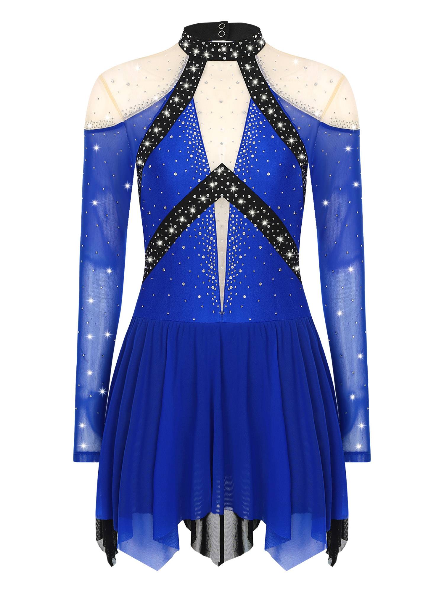 Women Long Sleeve Sparkle Rhinestones Asymmetrical Dress for Figure Skating