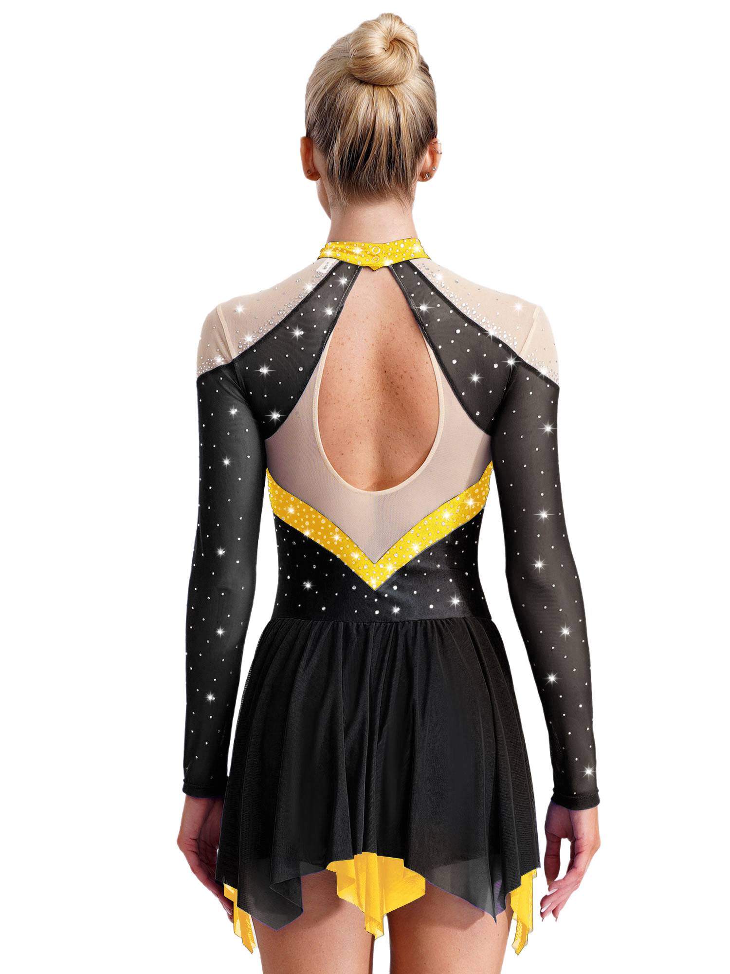 Women Long Sleeve Sparkle Rhinestones Asymmetrical Dress for Figure Skating