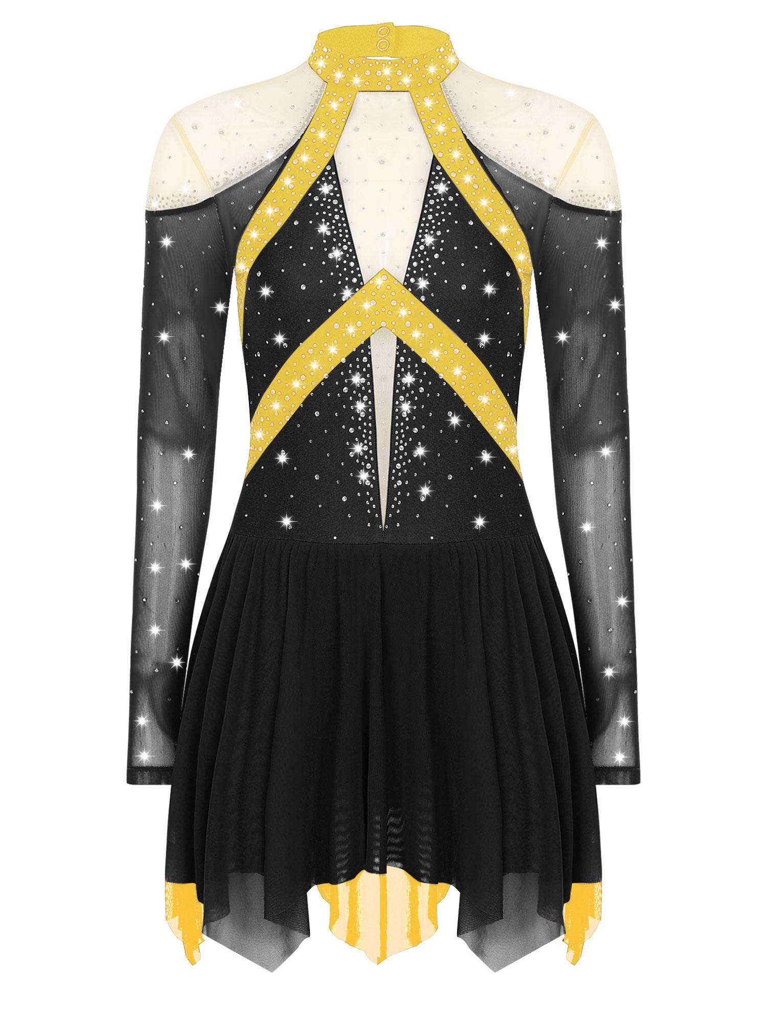 Women Long Sleeve Sparkle Rhinestones Asymmetrical Dress for Figure Skating