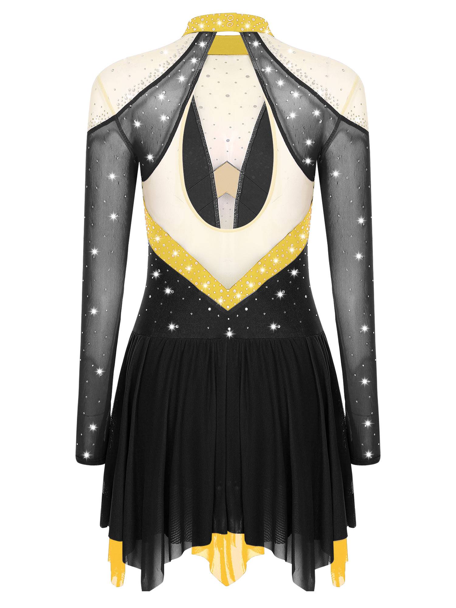 Women Long Sleeve Sparkle Rhinestones Asymmetrical Dress for Figure Skating