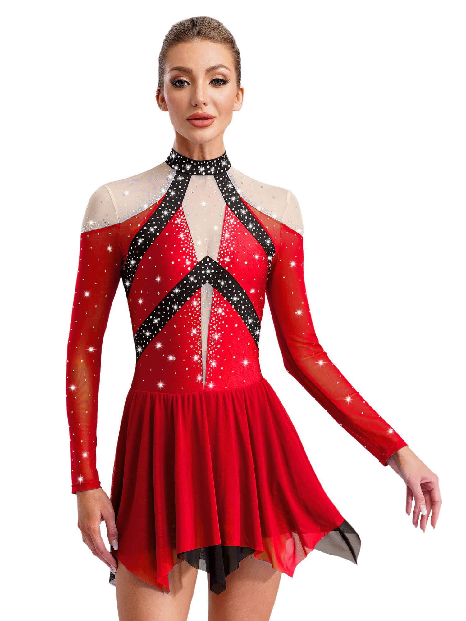 Women Long Sleeve Sparkle Rhinestones Asymmetrical Dress for Figure Skating