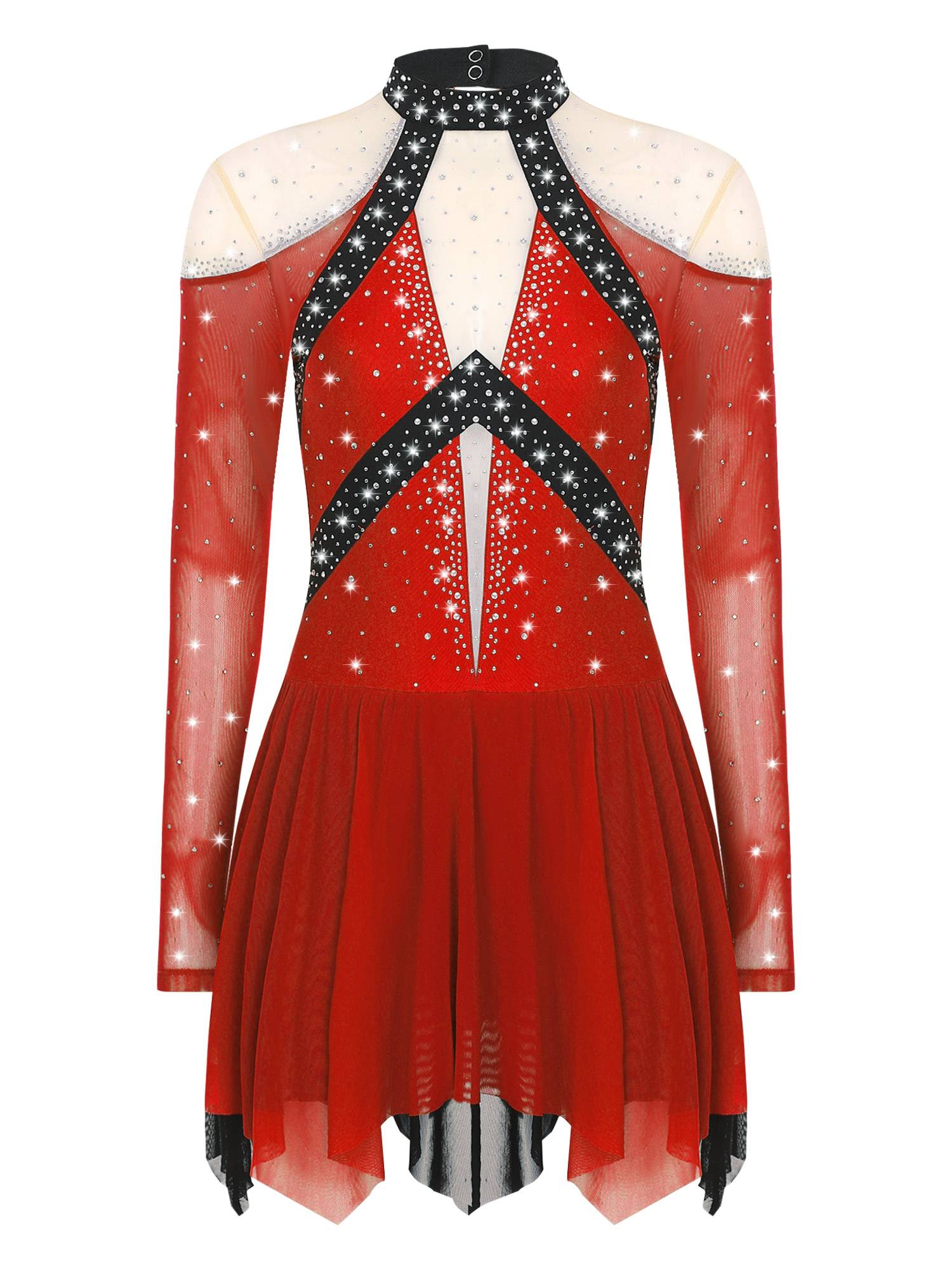 Women Long Sleeve Sparkle Rhinestones Asymmetrical Dress for Figure Skating