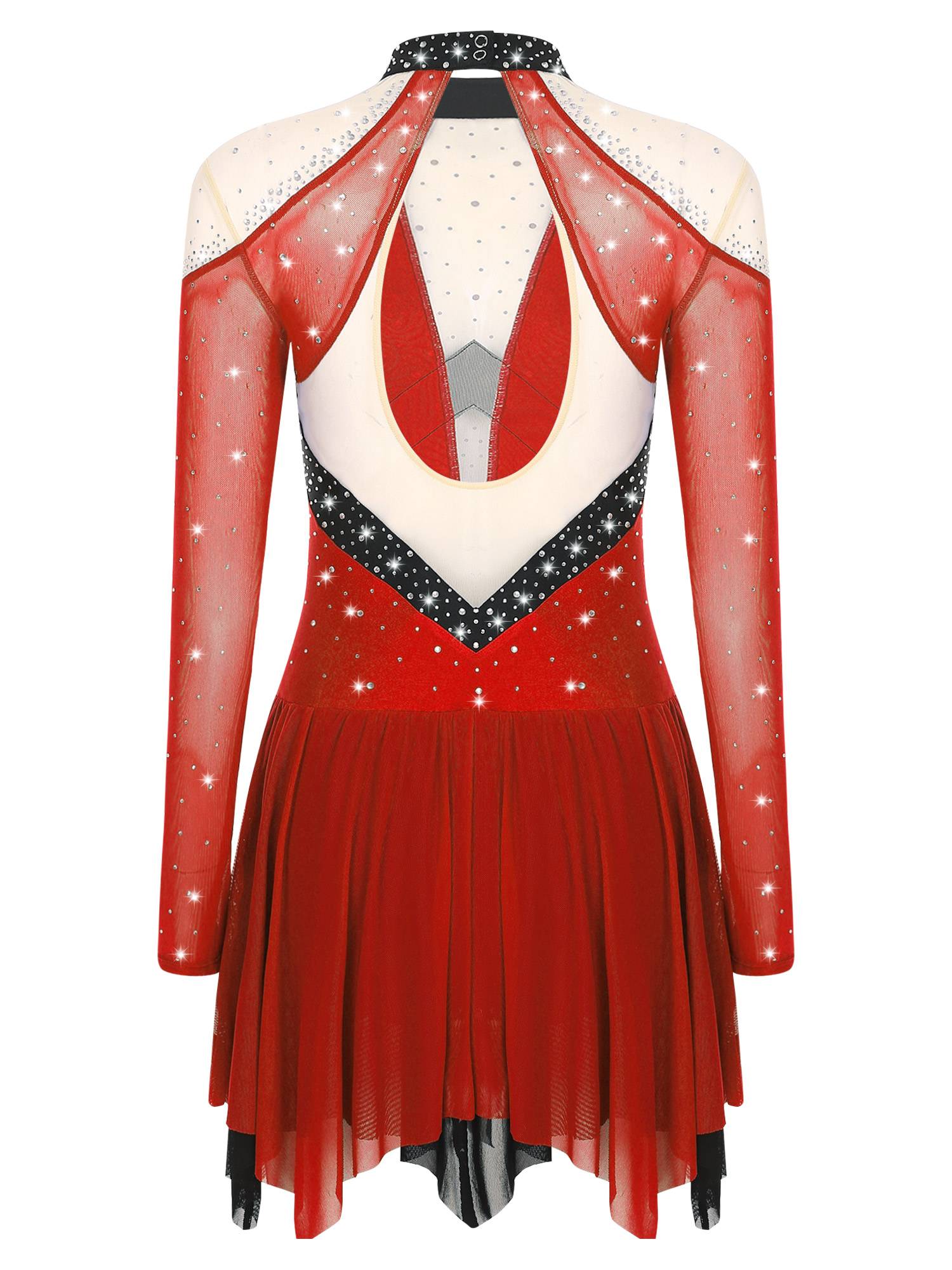 Women Long Sleeve Sparkle Rhinestones Asymmetrical Dress for Figure Skating