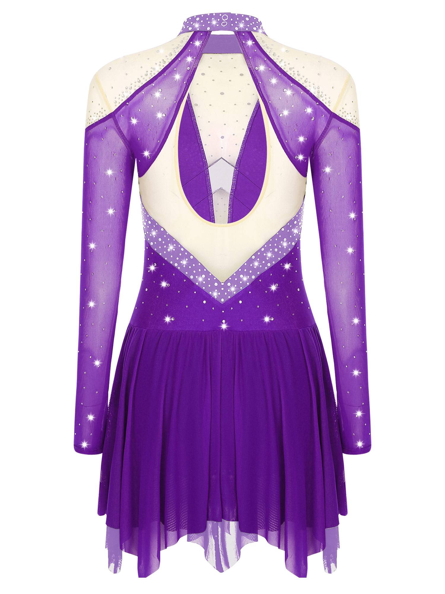 Women Long Sleeve Sparkle Rhinestones Asymmetrical Dress for Figure Skating