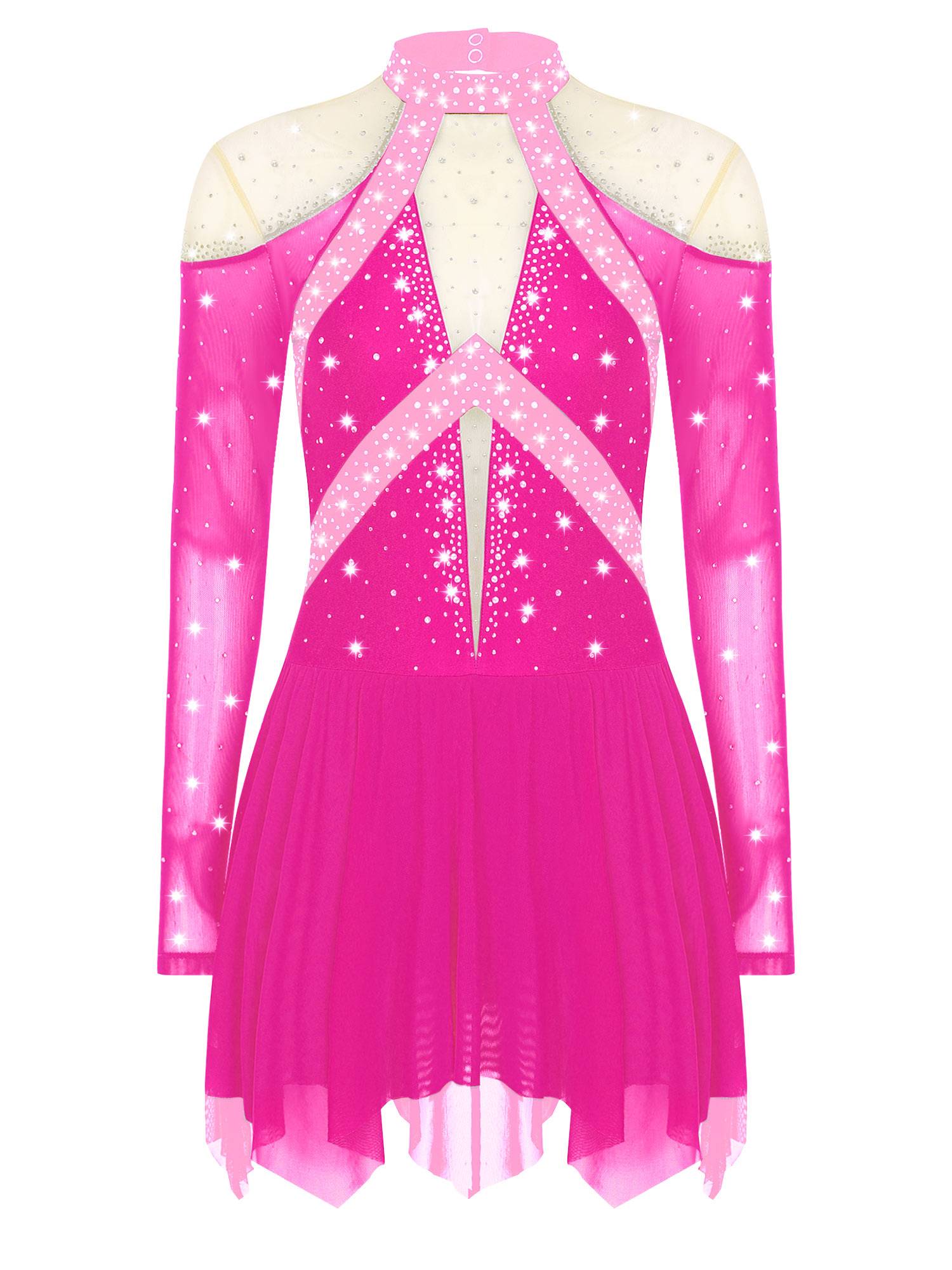 Women Long Sleeve Sparkle Rhinestones Asymmetrical Dress for Figure Skating