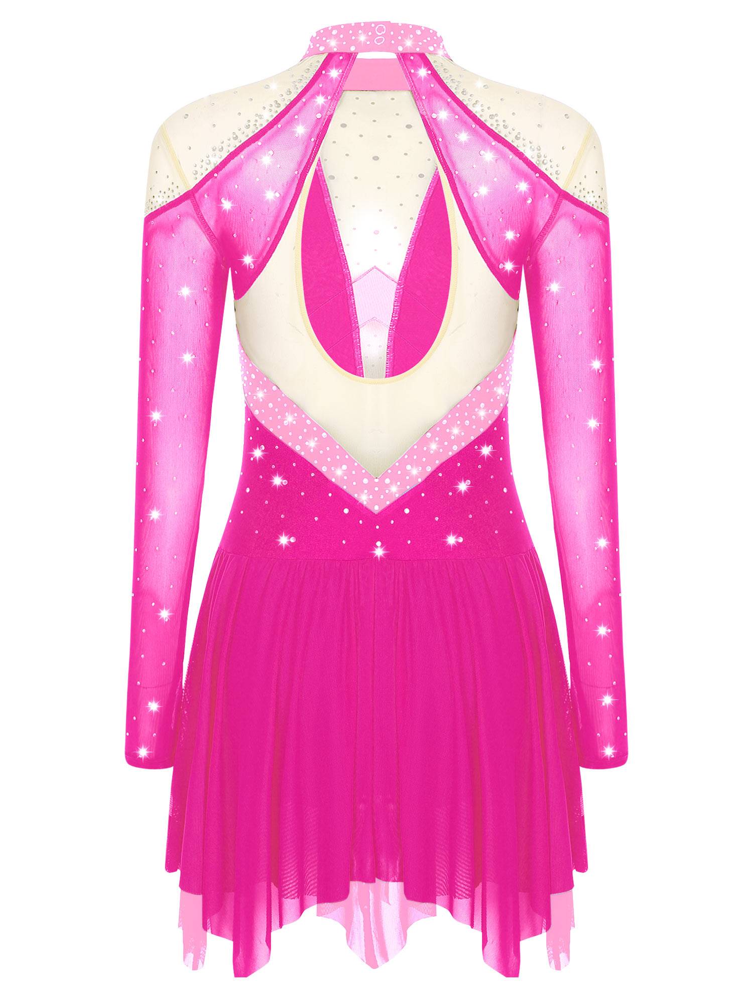 Women Long Sleeve Sparkle Rhinestones Asymmetrical Dress for Figure Skating