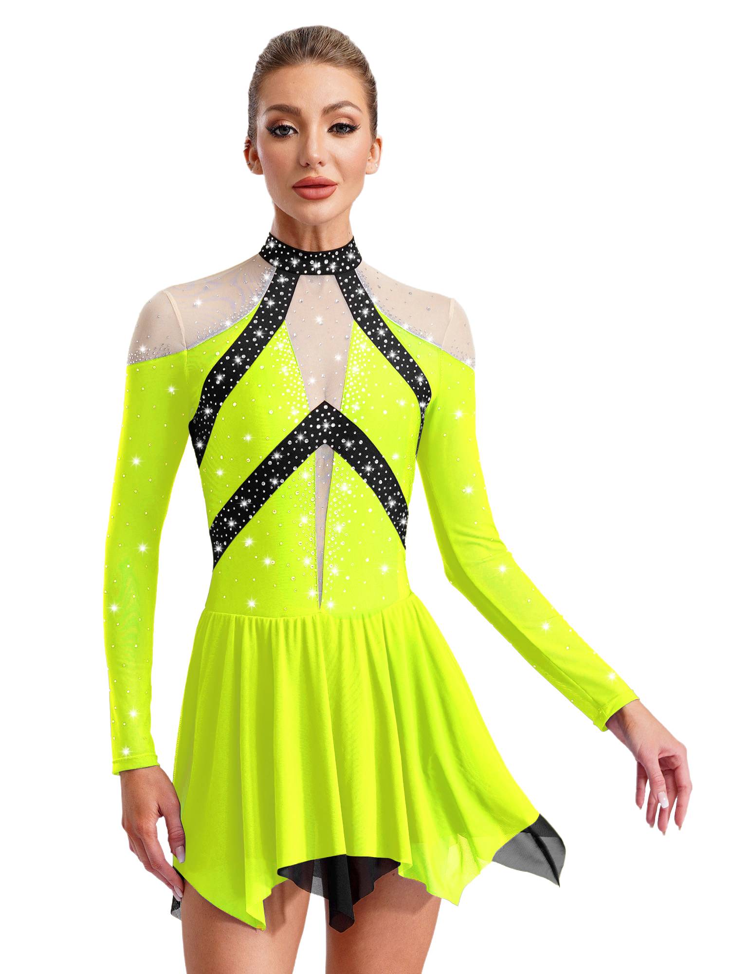 Women Long Sleeve Sparkle Rhinestones Asymmetrical Dress for Figure Skating
