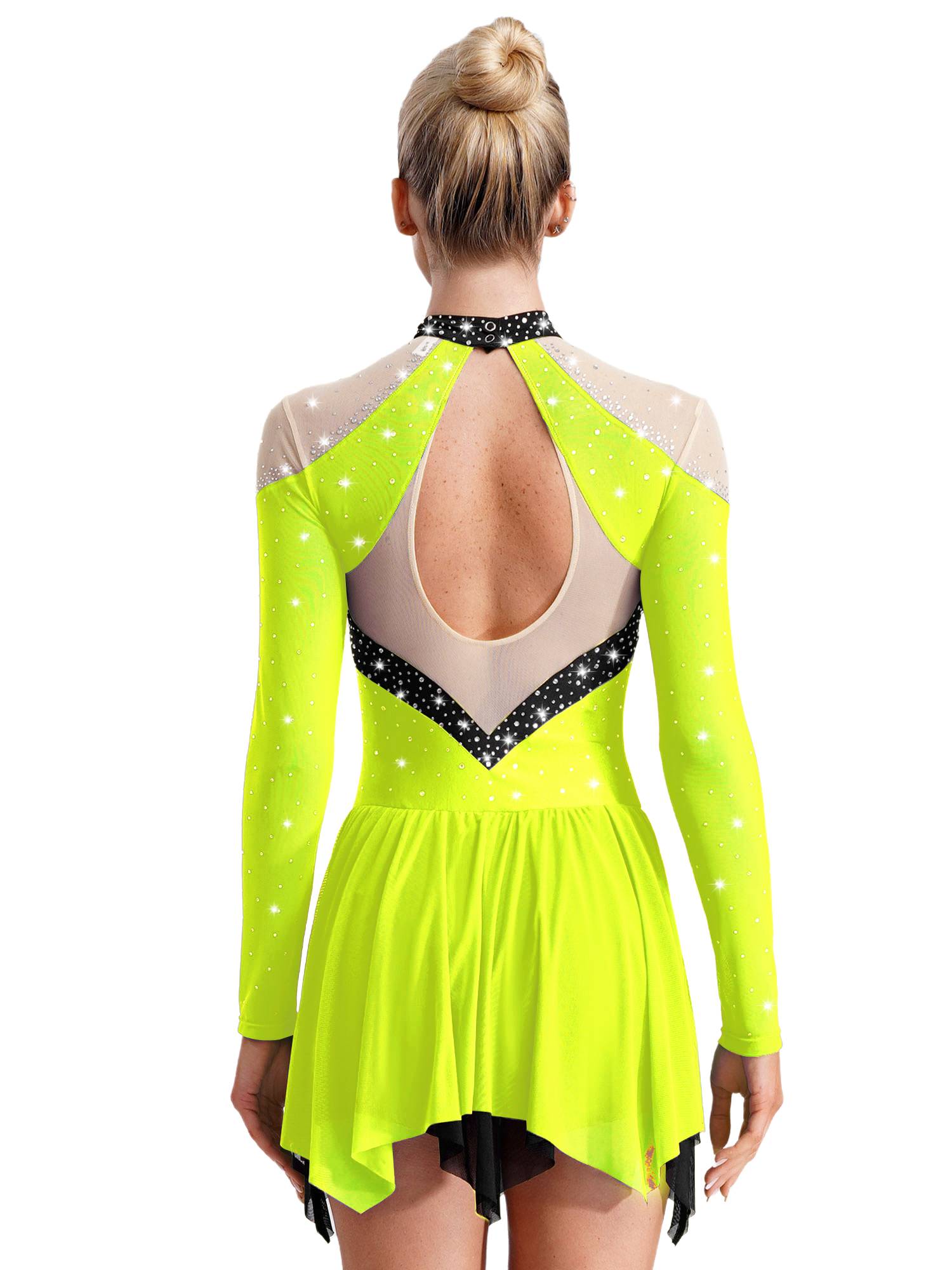 Women Long Sleeve Sparkle Rhinestones Asymmetrical Dress for Figure Skating