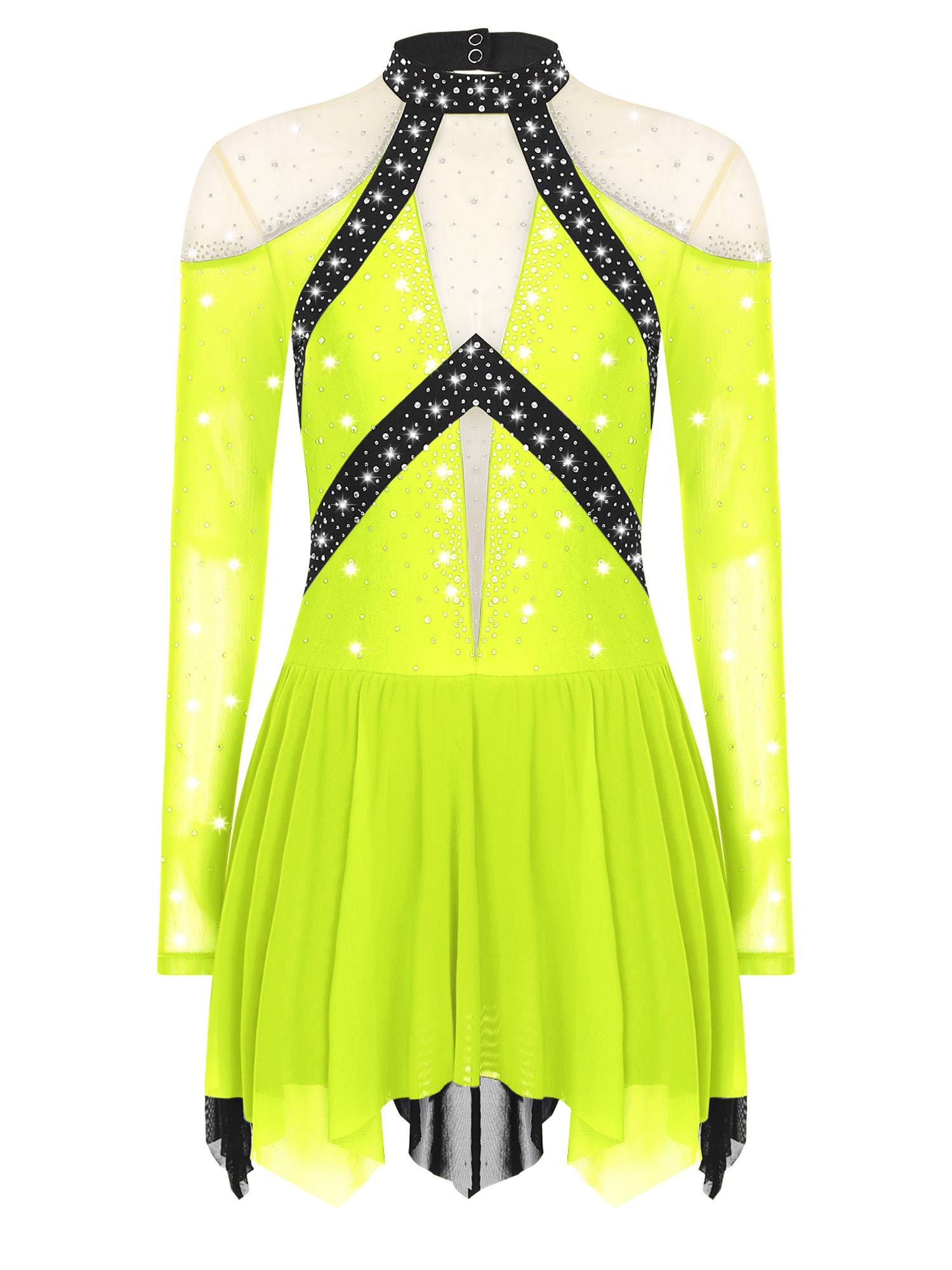 Women Long Sleeve Sparkle Rhinestones Asymmetrical Dress for Figure Skating