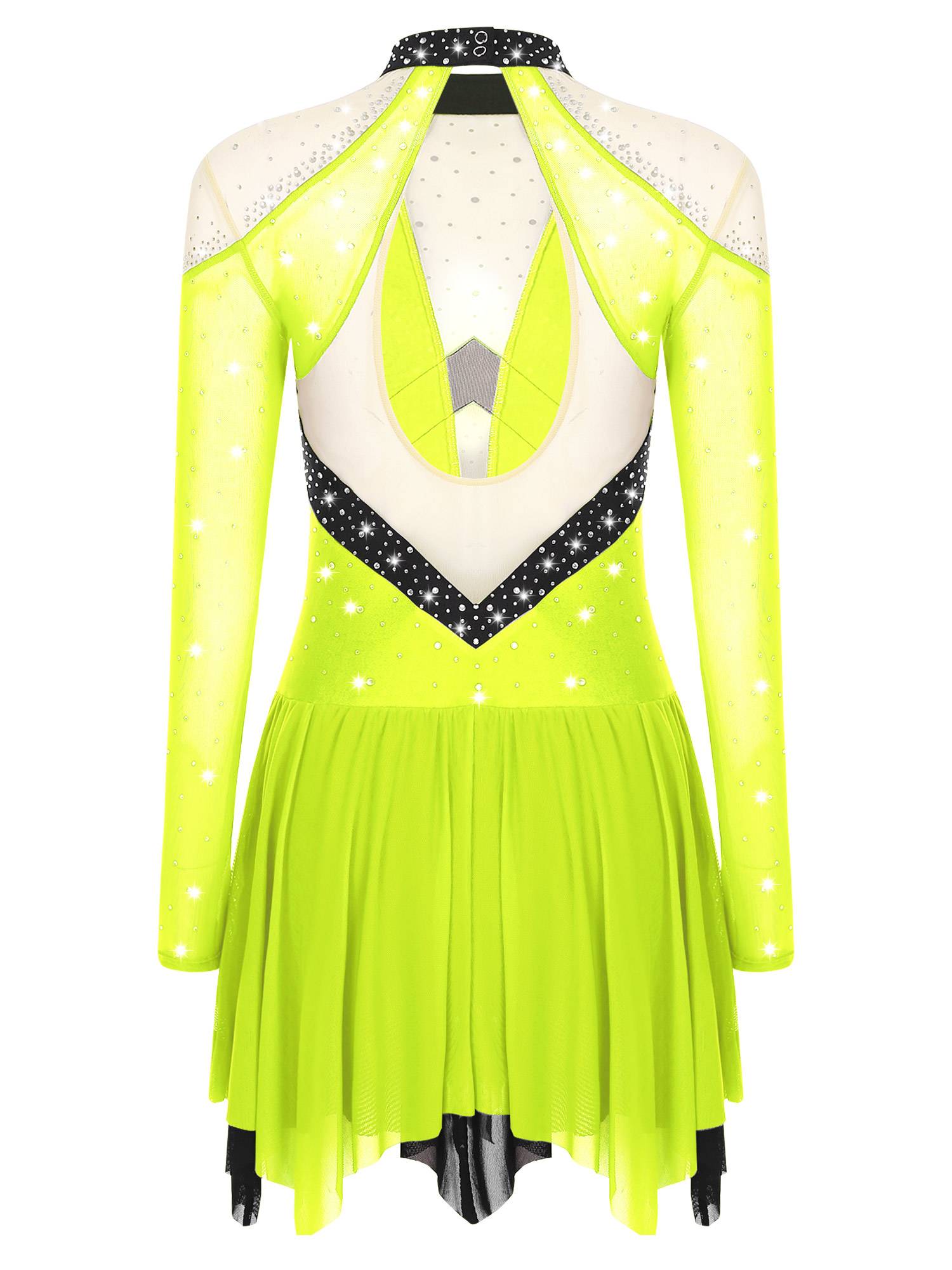 Women Long Sleeve Sparkle Rhinestones Asymmetrical Dress for Figure Skating