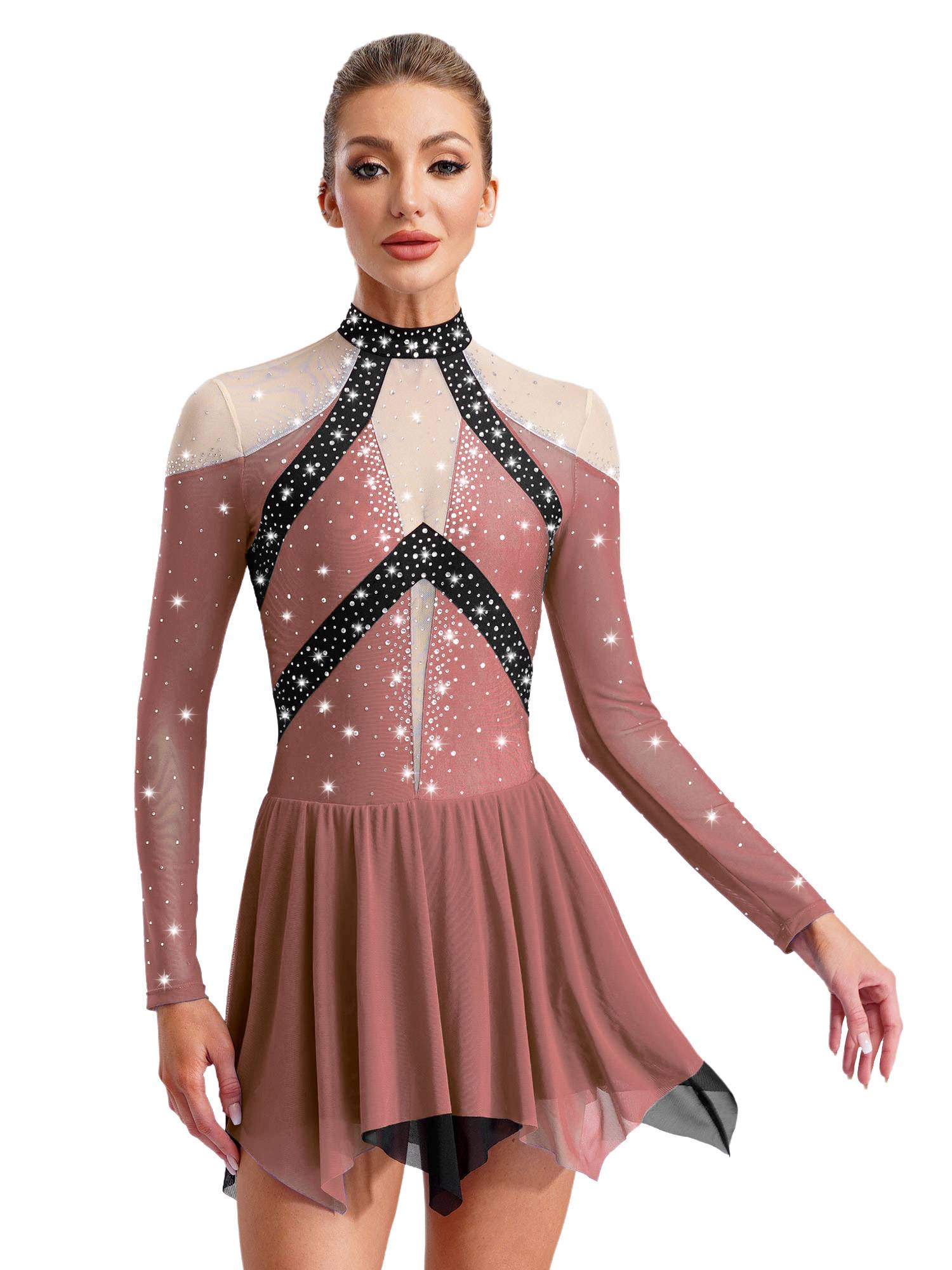 Women Long Sleeve Sparkle Rhinestones Asymmetrical Dress for Figure Skating